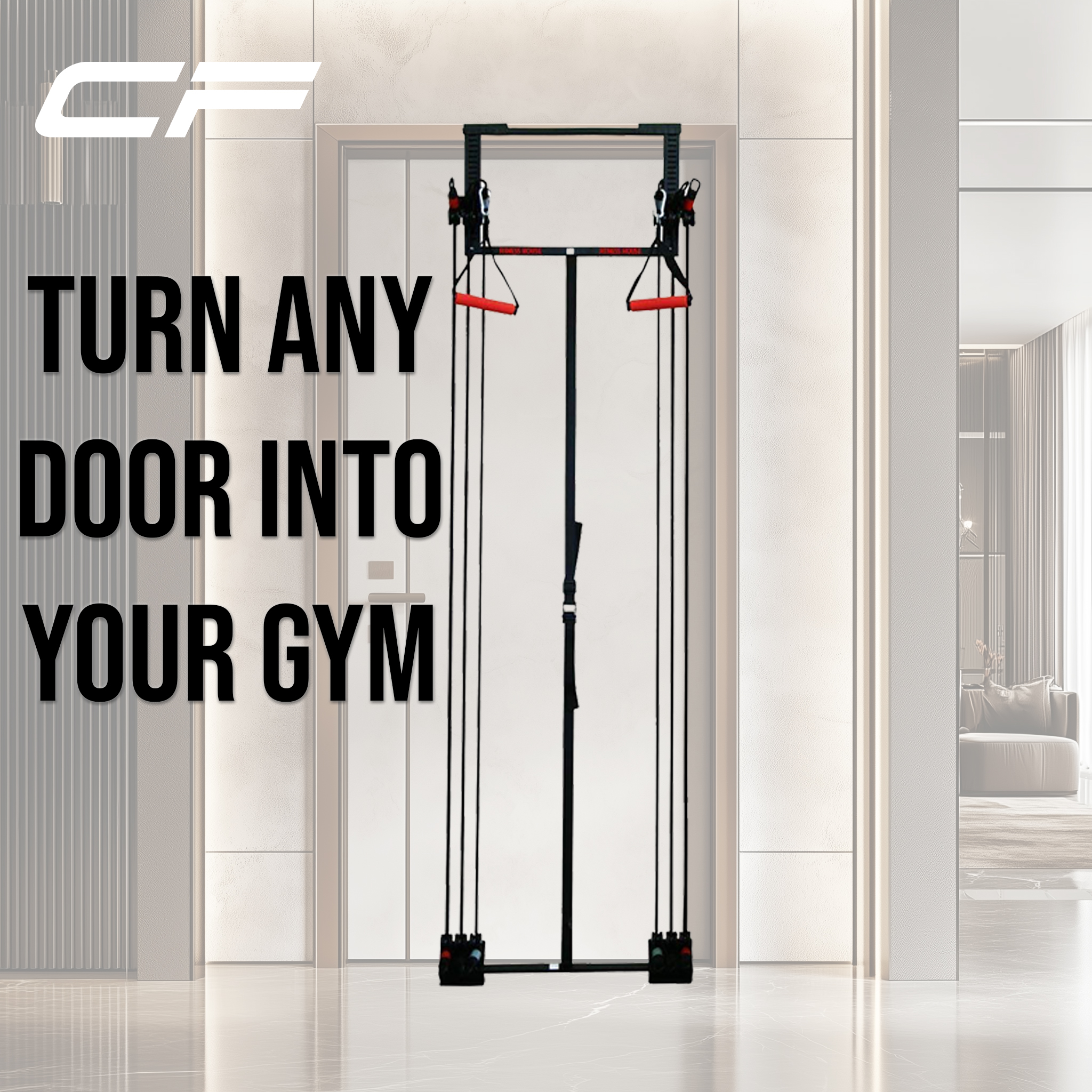 Configuración de gimnasio en casa con marco de puerta, bandas de resistencia y asas.