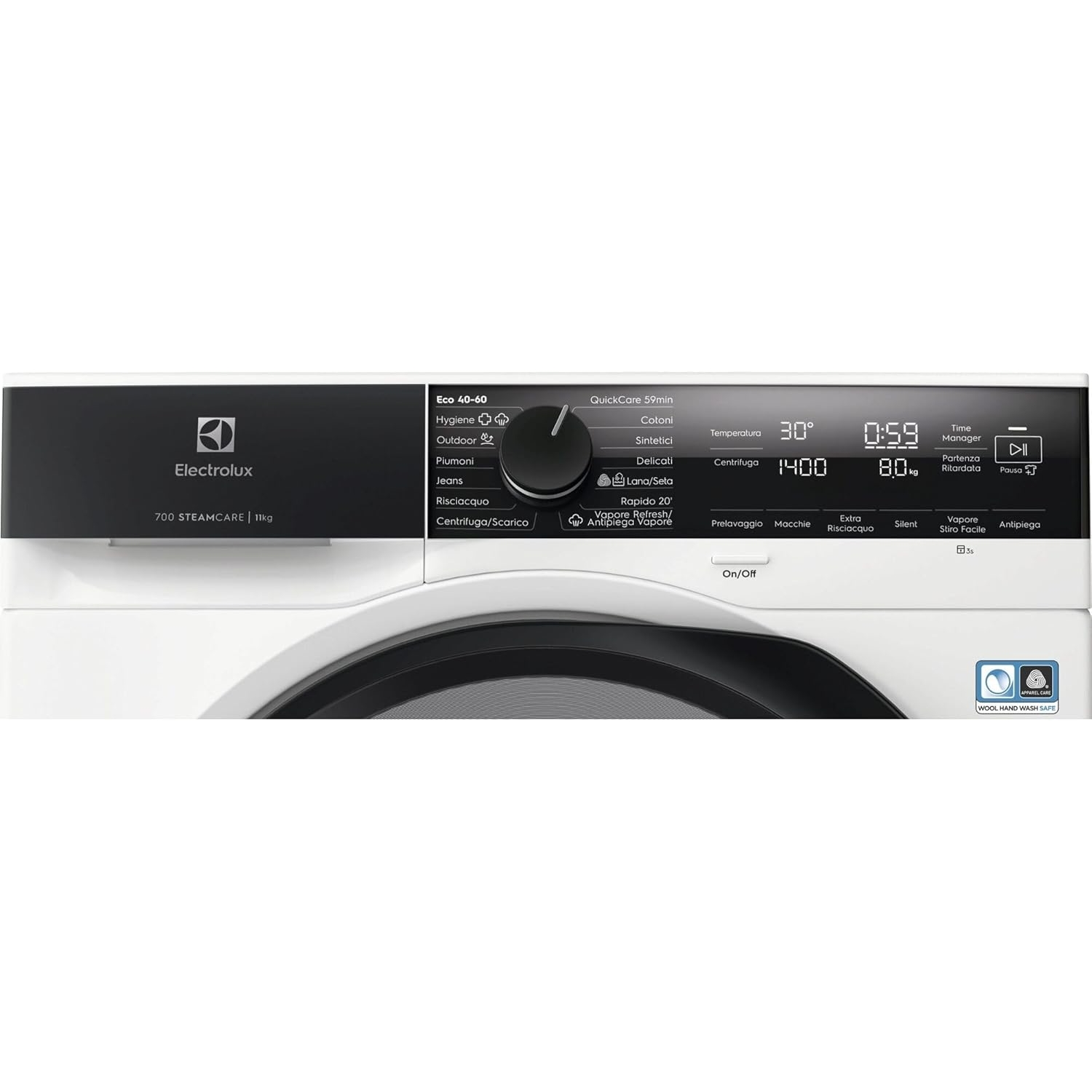 Primo piano del pannello comandi di una lavatrice Electrolux bianca con dettagli neri.