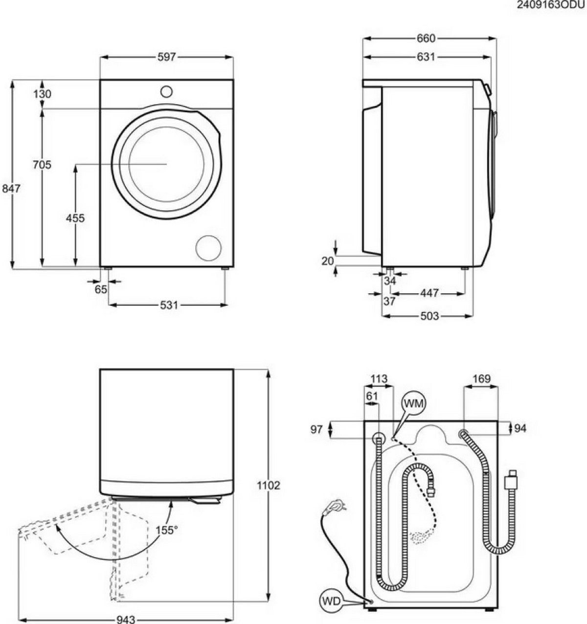 Disegno tecnico di una lavatrice, con misure.