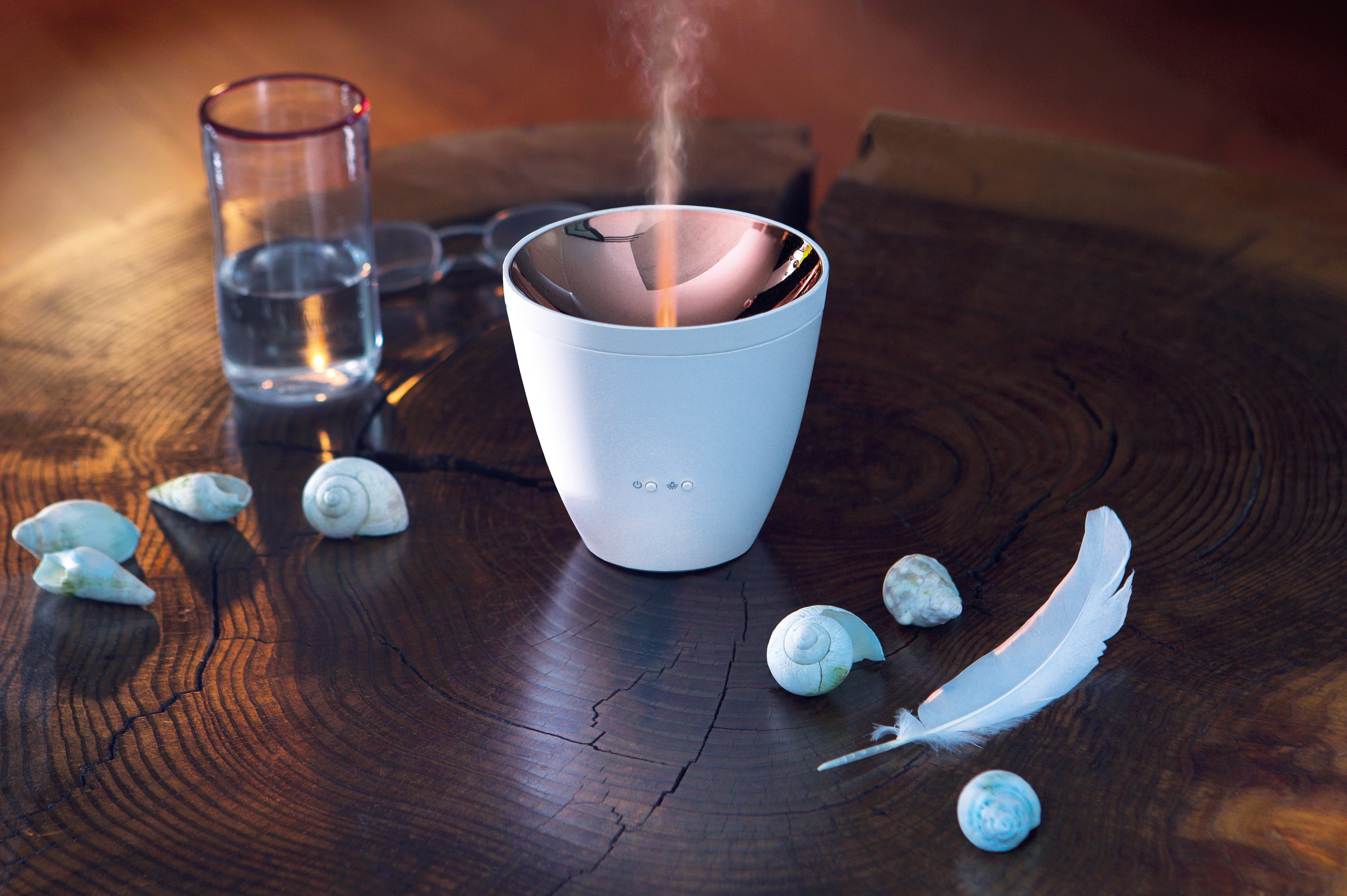 Weißer Aromadiffusor mit Dampf, Muscheln und einer Feder auf Holz.