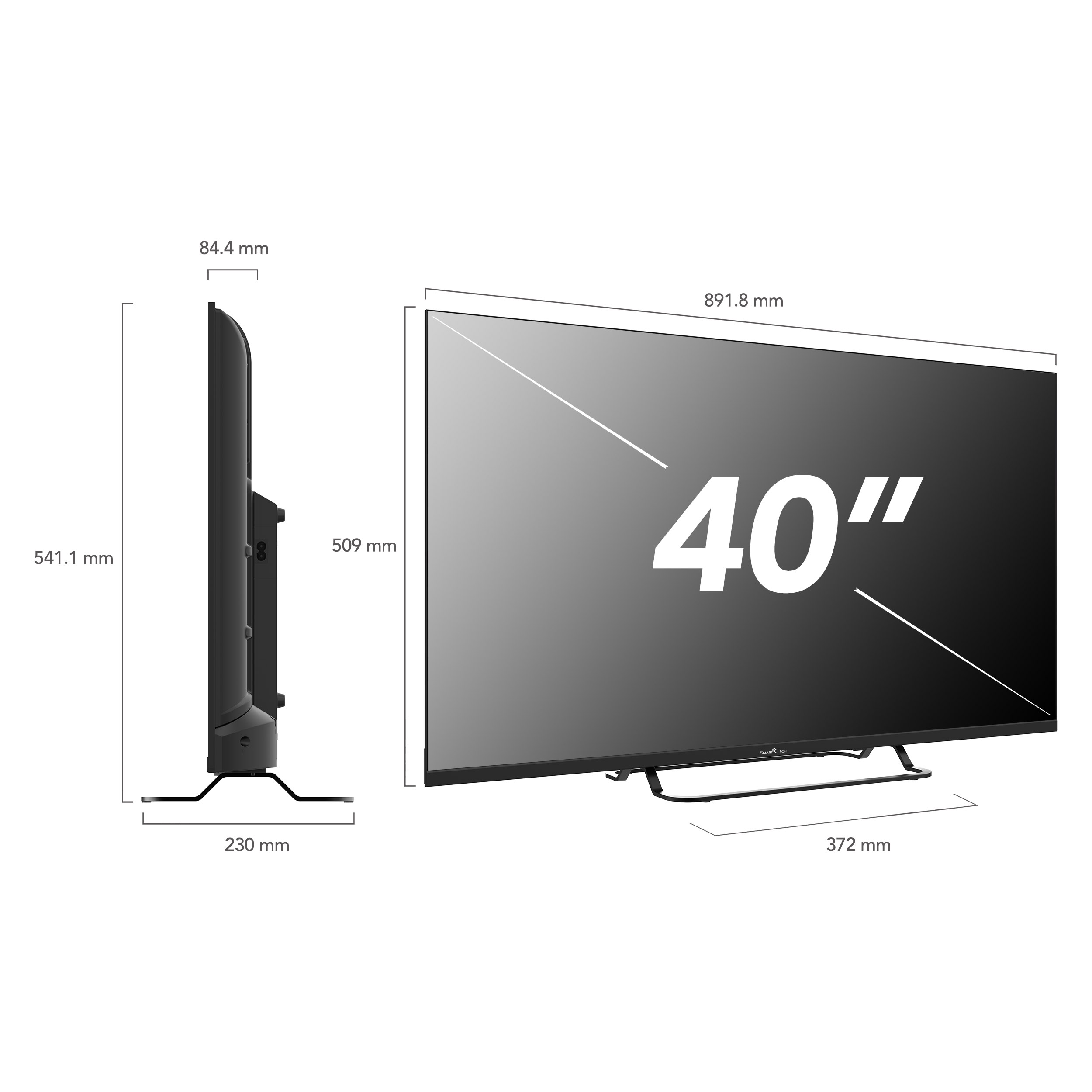 Telewizor 40 cali, wymiary w mm, z czarną ramką i stojakiem. Białe tło.