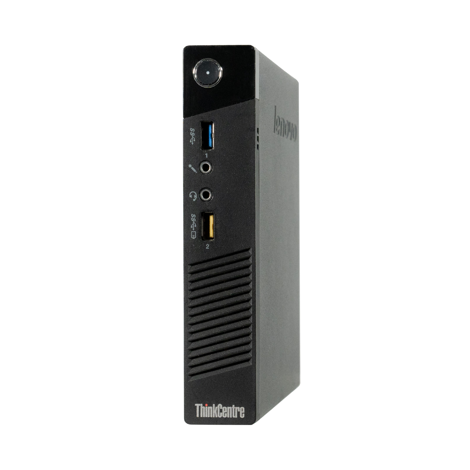 Computer Lenovo ThinkCentre nero. È un piccolo tower con porte e pulsante di accensione.