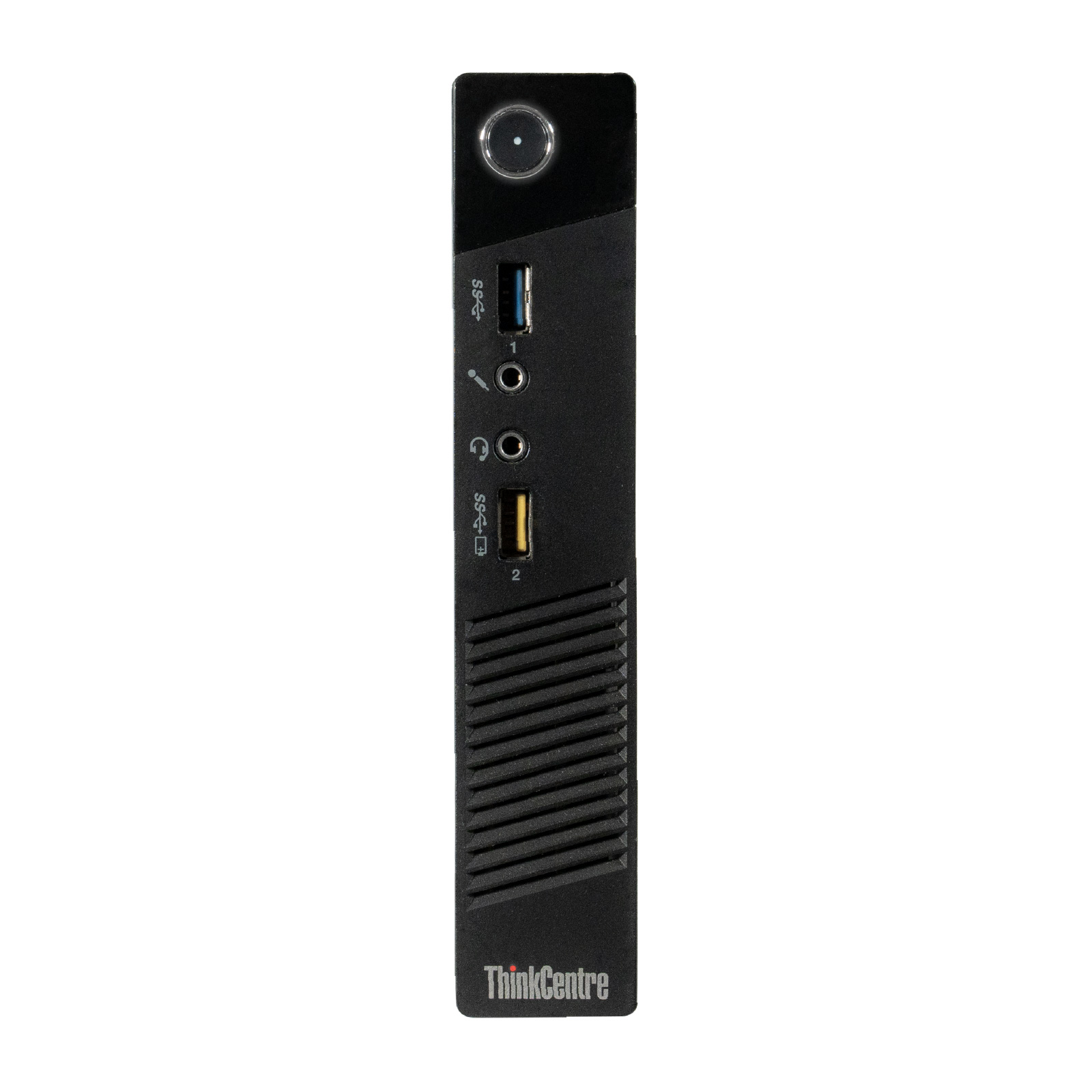 Ein schwarzer ThinkCentre-Computer. Die Vorderseite hat Anschlüsse und einen Einschaltknopf. Das Logo ist angezeigt.