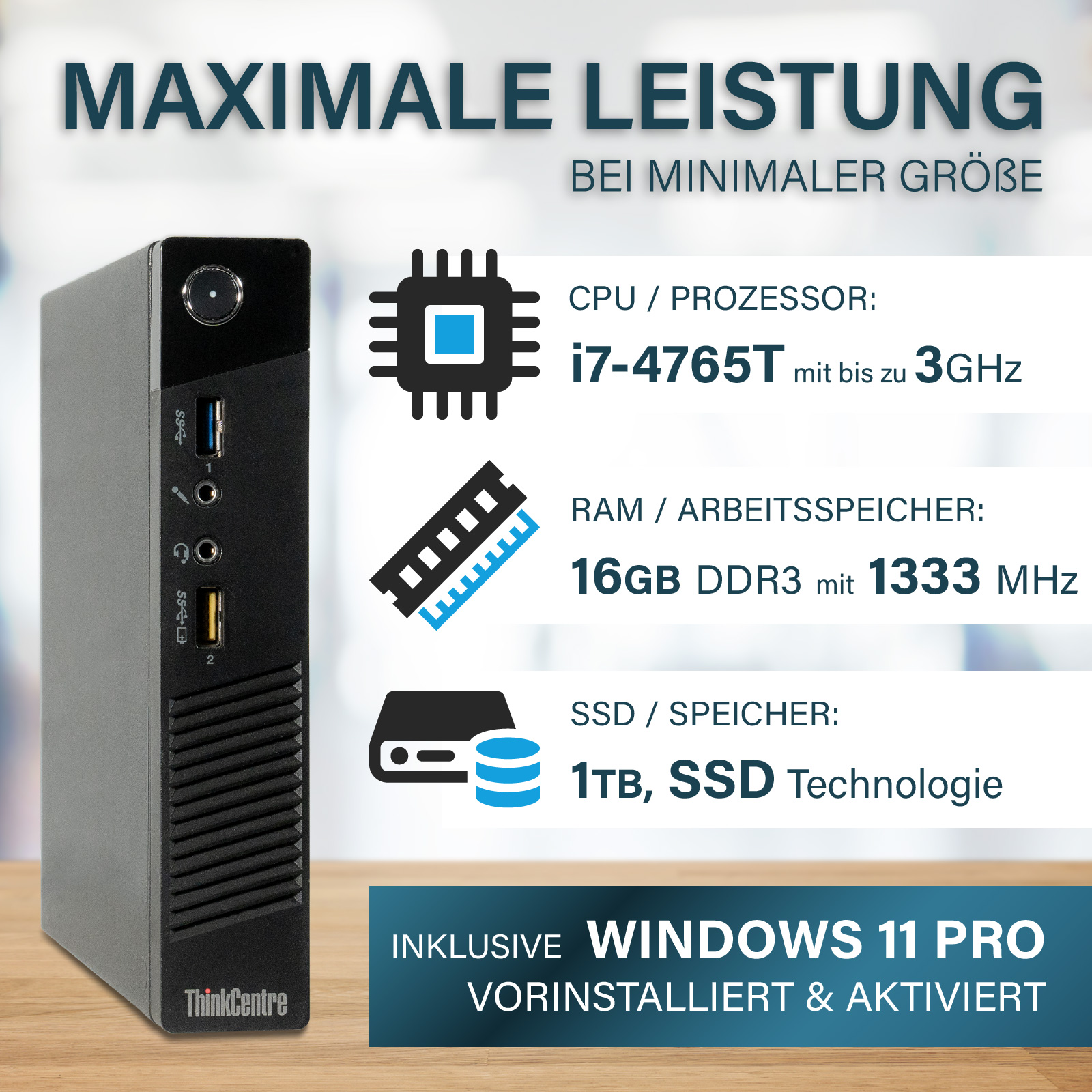 Petit ordinateur avec spécifications. Texte sur le CPU, la RAM et le stockage, avec Windows 11 Pro.