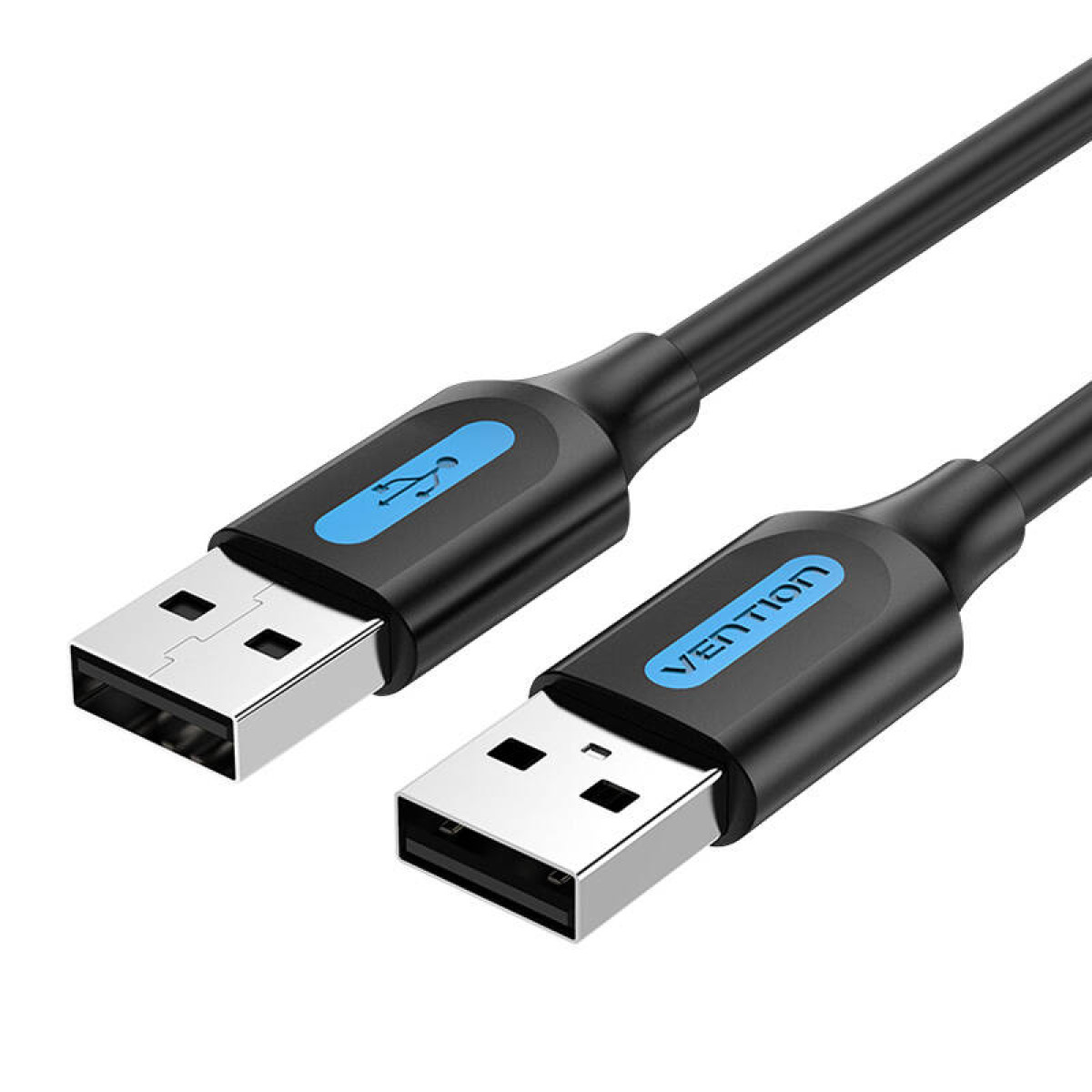 Cavo USB nero con marchio Vention blu, che mostra i connettori USB.