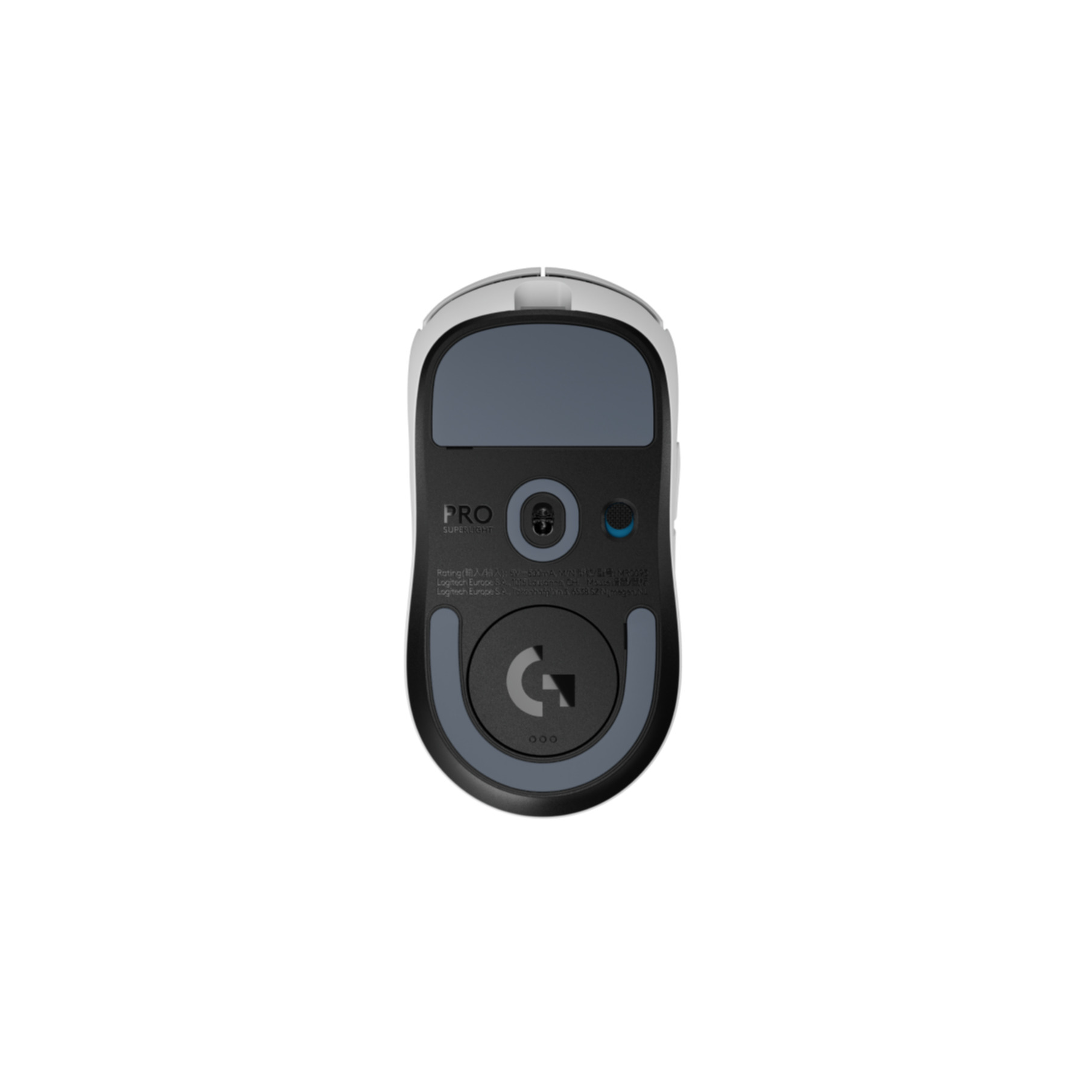 Le dessous d'une souris de jeu blanche avec un design noir et gris. Fond blanc.