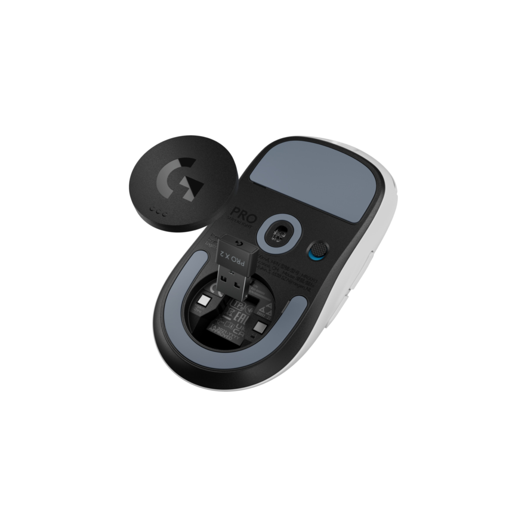 Souris d'ordinateur noire et blanche. Un disque noir est au-dessus. La souris est sur fond blanc.