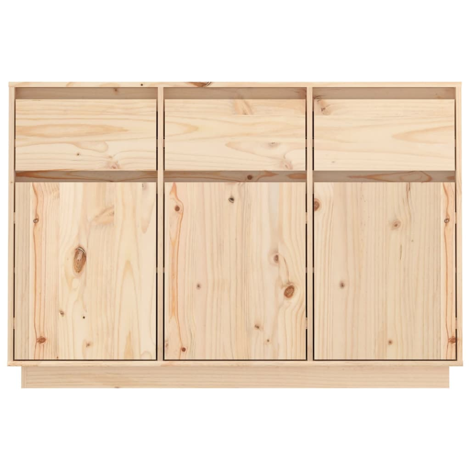Holzschrank mit drei Türen und zwei oberen Regalen. Helle Holzfarbe.