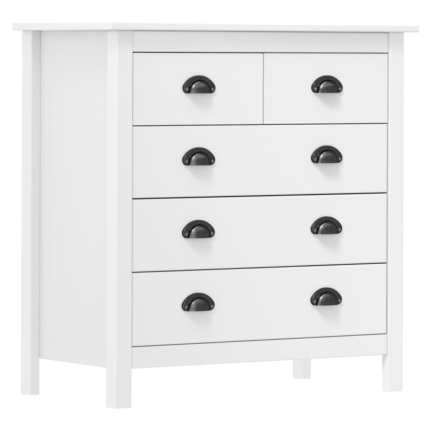 Weißer Holzschrank mit fünf Schubladen und schwarzen Griffen.