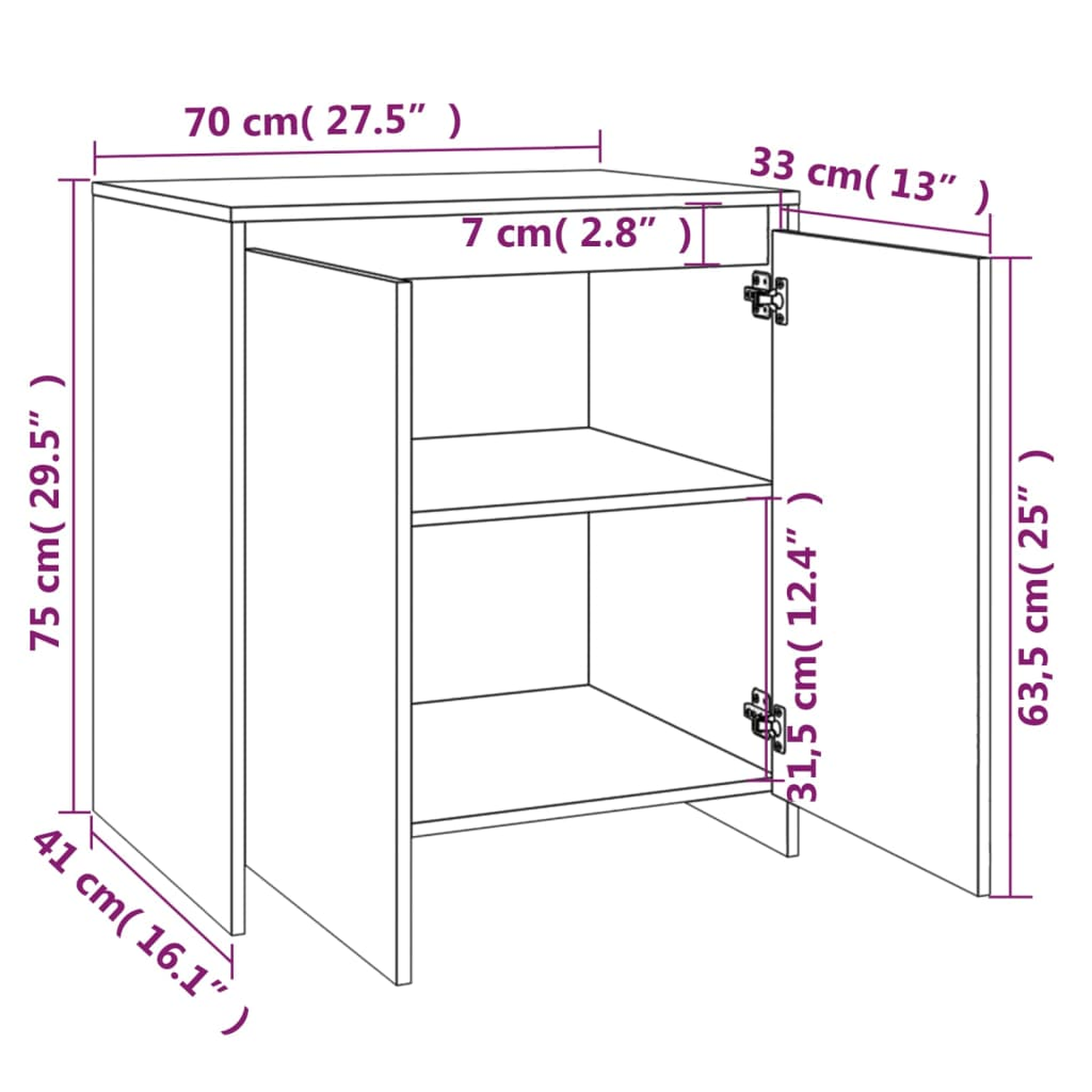 Holzschrank mit zwei geöffneten Türen, die Regale freigeben. Abmessungen in cm und Zoll sind angegeben.