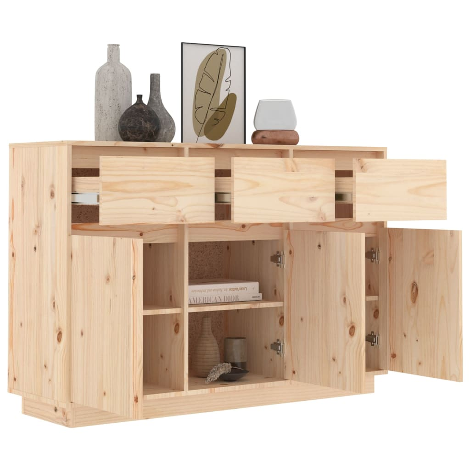 Ein Holzschrank mit offenen Türen und Schubladen. Bücher und Dekoration sind innen.