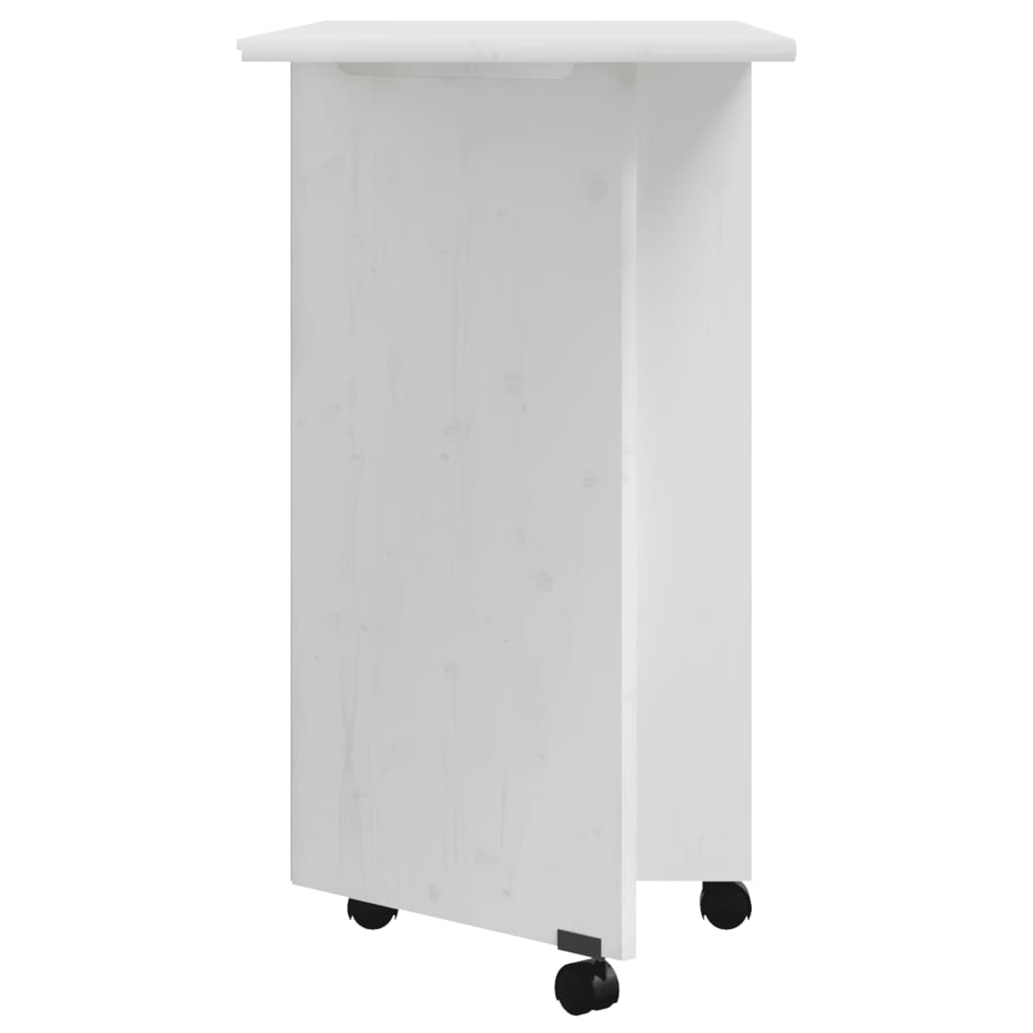 Ein weißer, hoher Schrank mit zwei kleinen schwarzen Rädern am Boden. Er hat eine flache Oberseite.