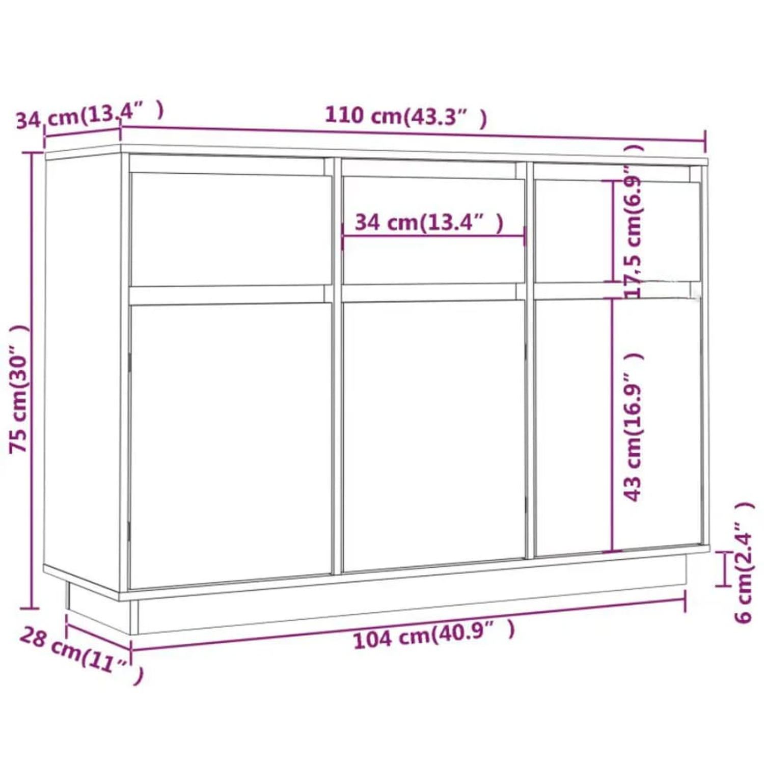 Weißer Schrank mit Maßen, hat 3 Türen. Abmessungen: 110 cm x 75 cm.