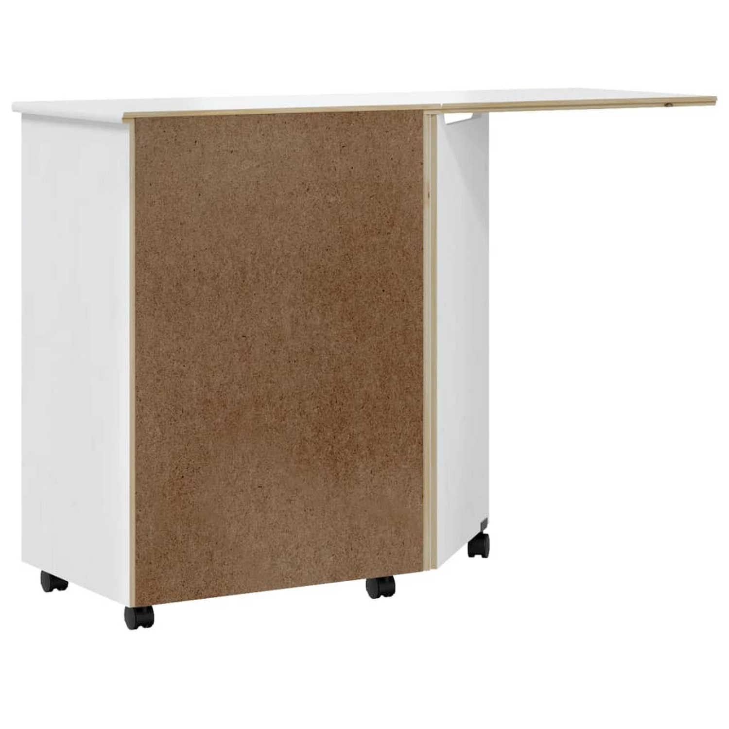 Weißer Schrank mit ausklappbarem Blatt auf Rädern; brauner Innenraum sichtbar.
