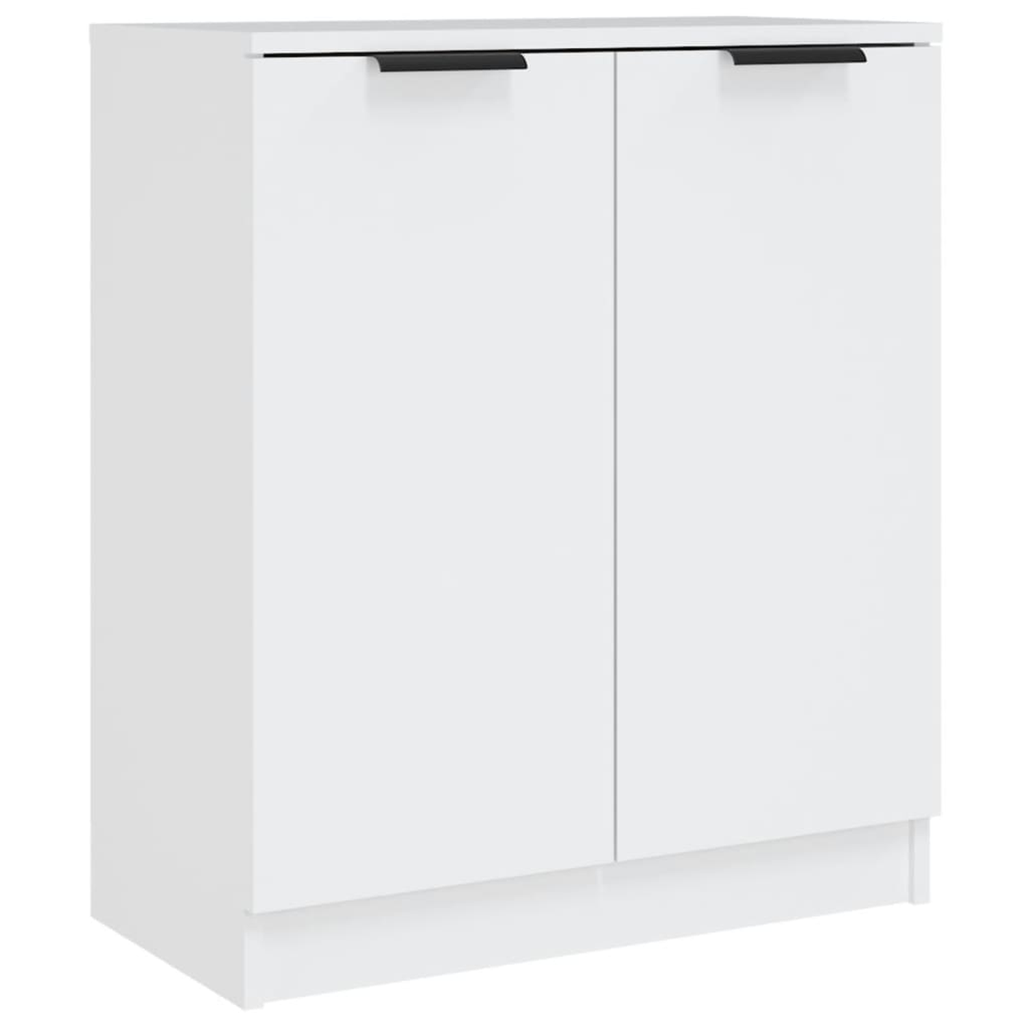 Weißer Schrank mit zwei Türen und schwarzen Griffen. Klares, minimalistisches Design auf weißem Hintergrund.