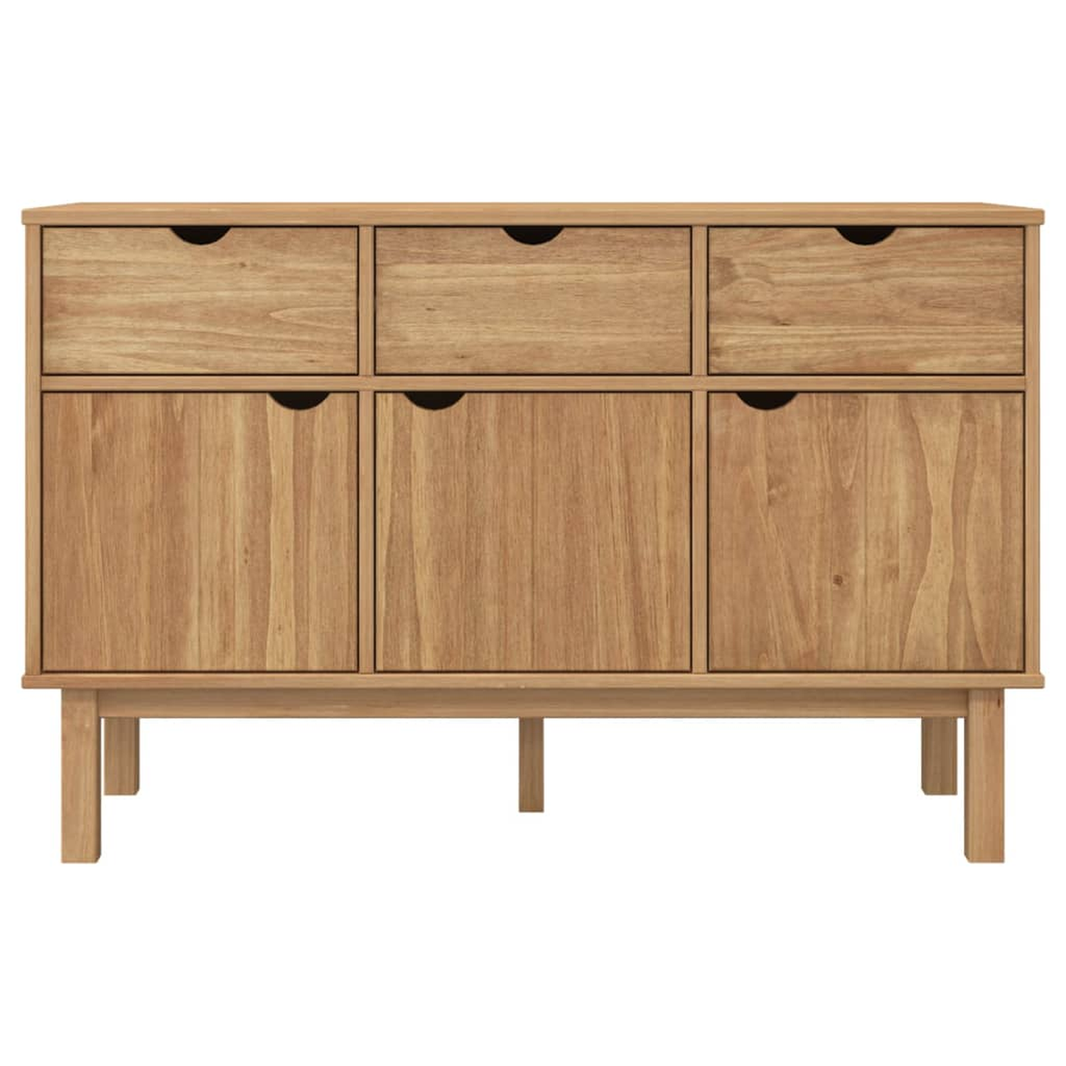 Holzschrank mit sechs Schubladen und Türen. Der Schrank steht auf vier Beinen.