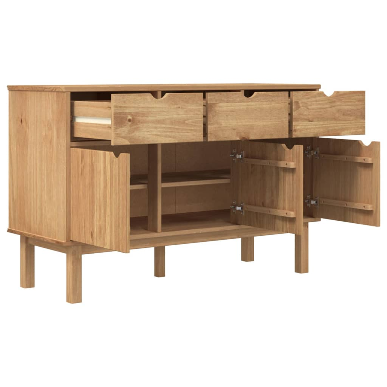 Eine hellbraune Holz-Anrichte mit Schubladen und offenen Türen ist geöffnet.