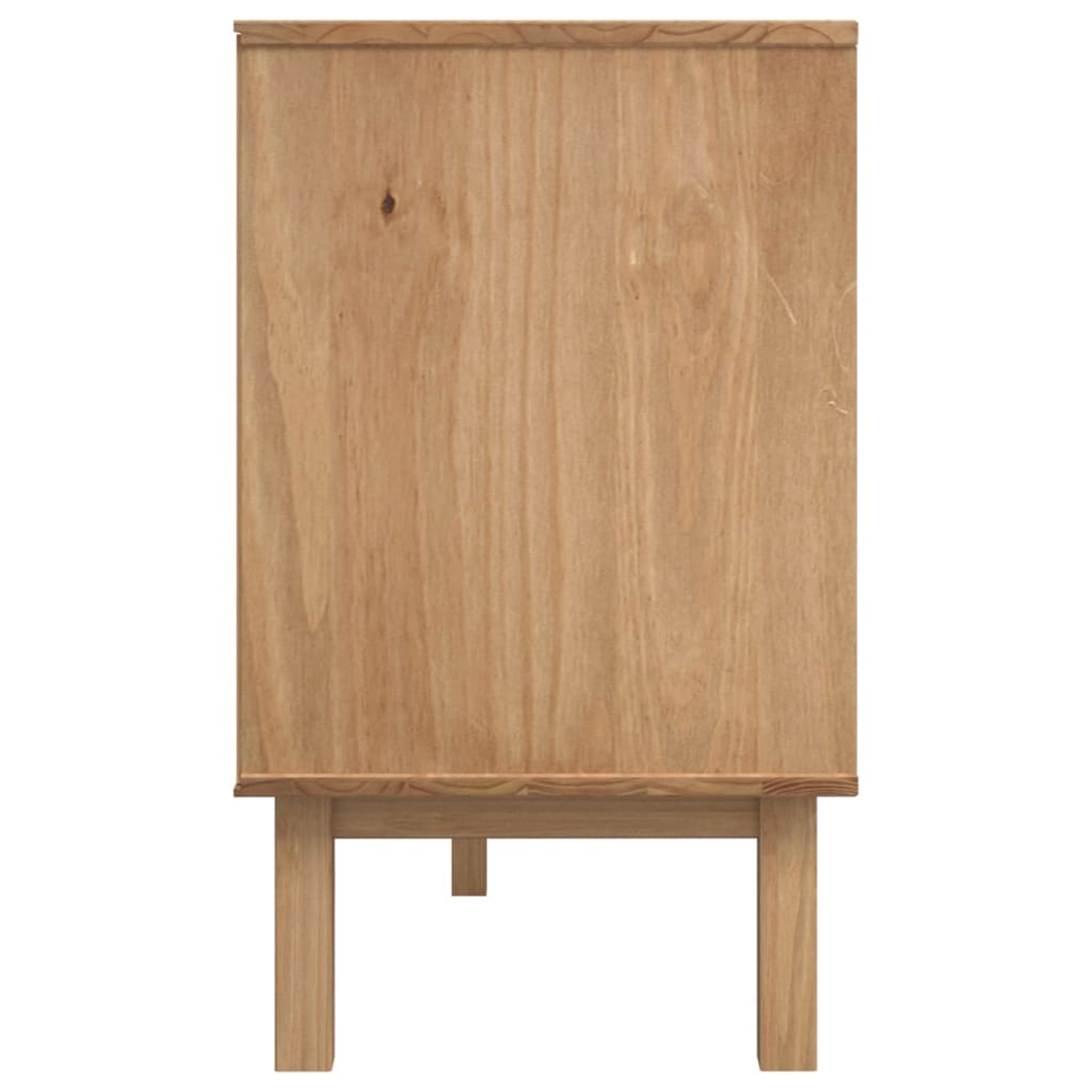 Ein hellbrauner Holzschrank mit einfachem Design. Er steht auf zwei Beinen.