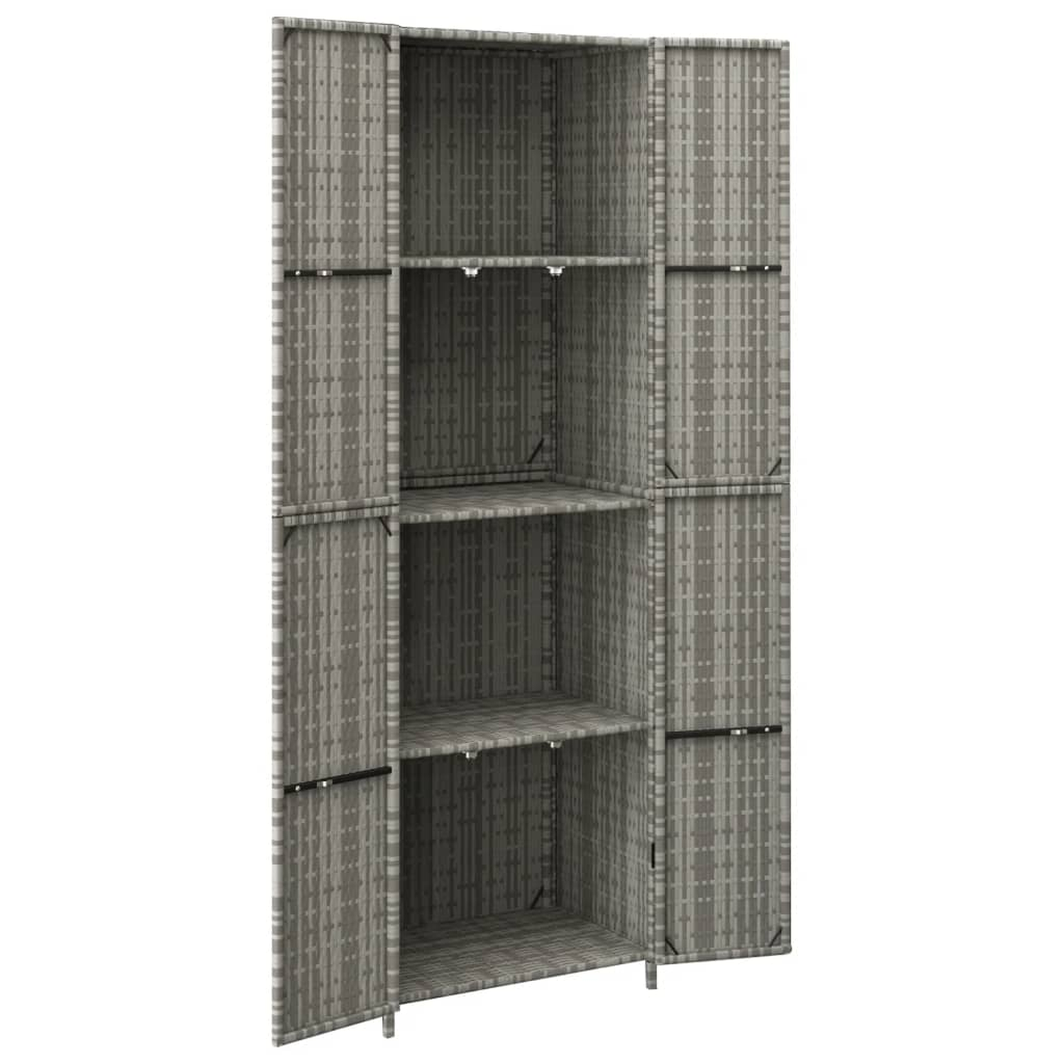 Ein grauer, offener Schrank im Rattan-Stil mit Regalen. Der Schrank hat Türen und einen hellen Innenraum.