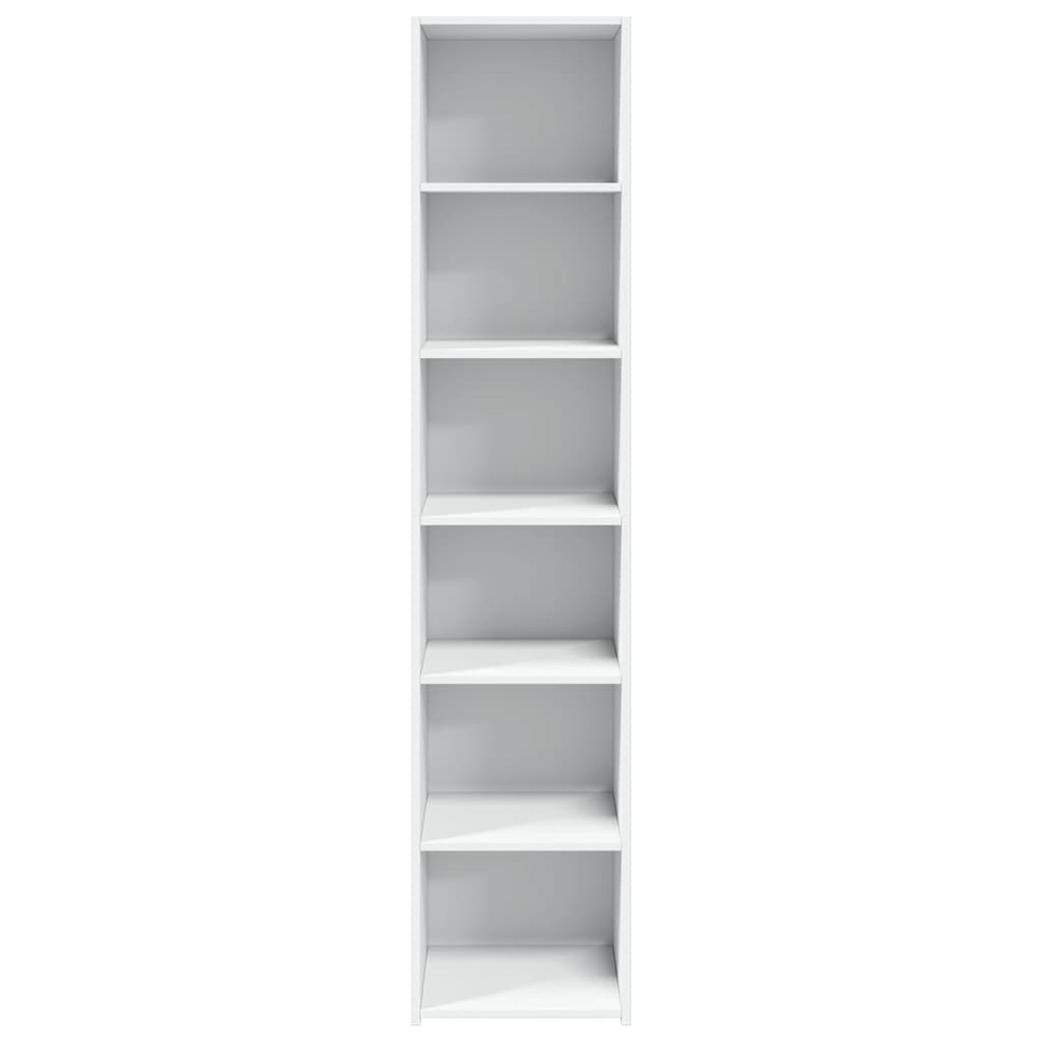 Hohes, weißes, leeres Bücherregal mit sechs Regalböden, sauberes Design, weißer Hintergrund.