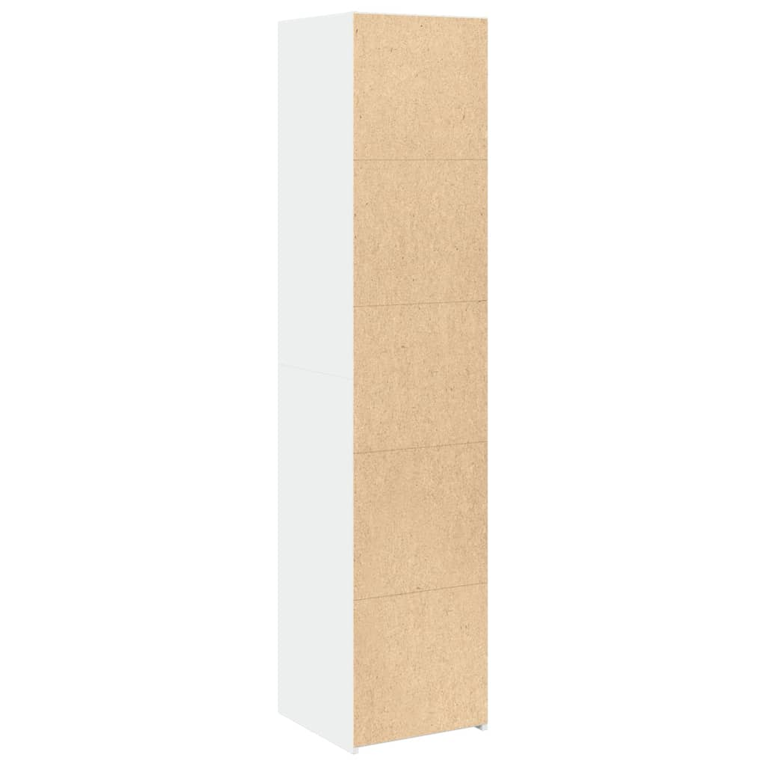 Ein hoher weiß-brauner Schrank mit fünf Abschnitten. Die weißen Abschnitte befinden sich links.