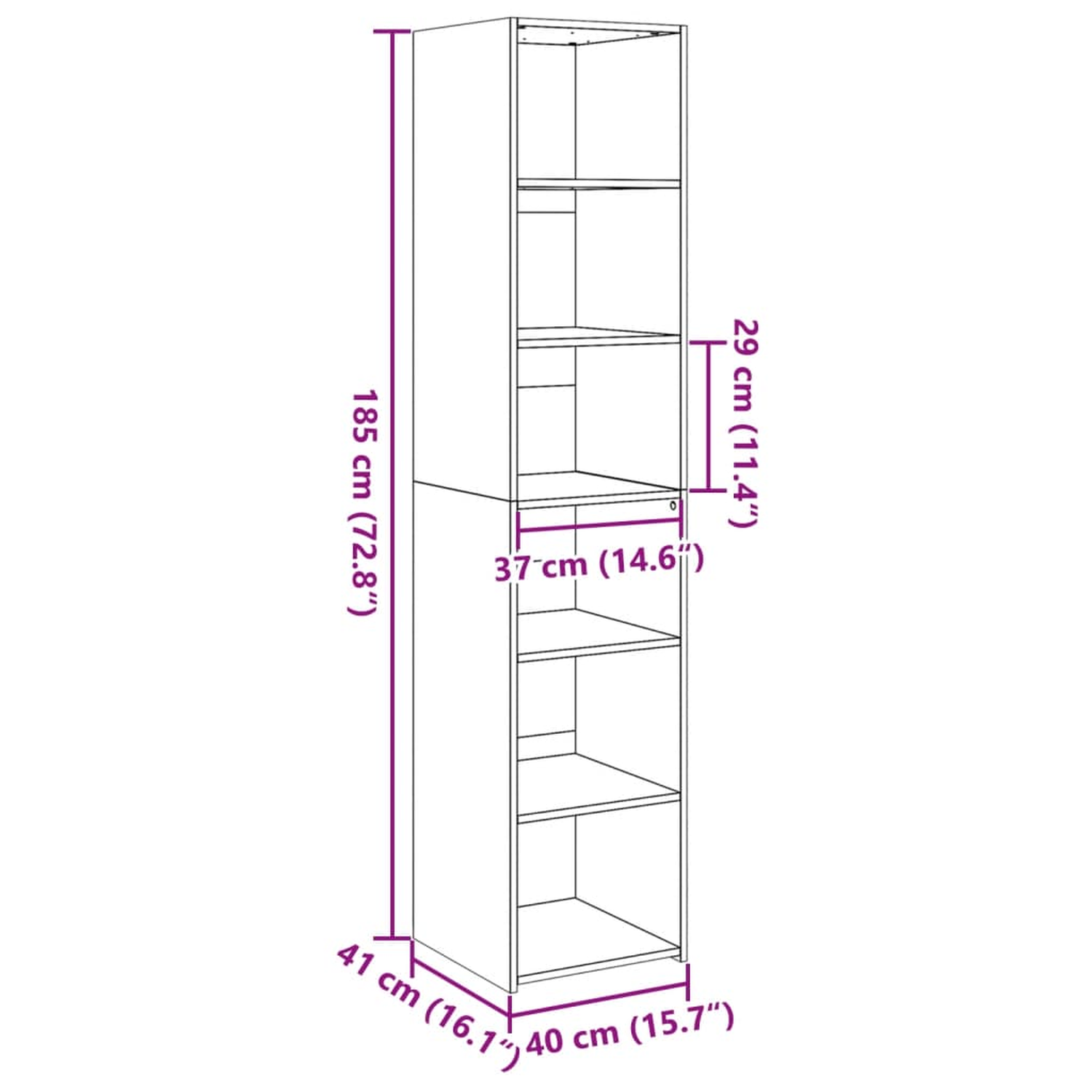 Hoher, weißer, schmaler Schrank mit mehreren Regalen, Abmessungen in Zentimetern und Zoll.