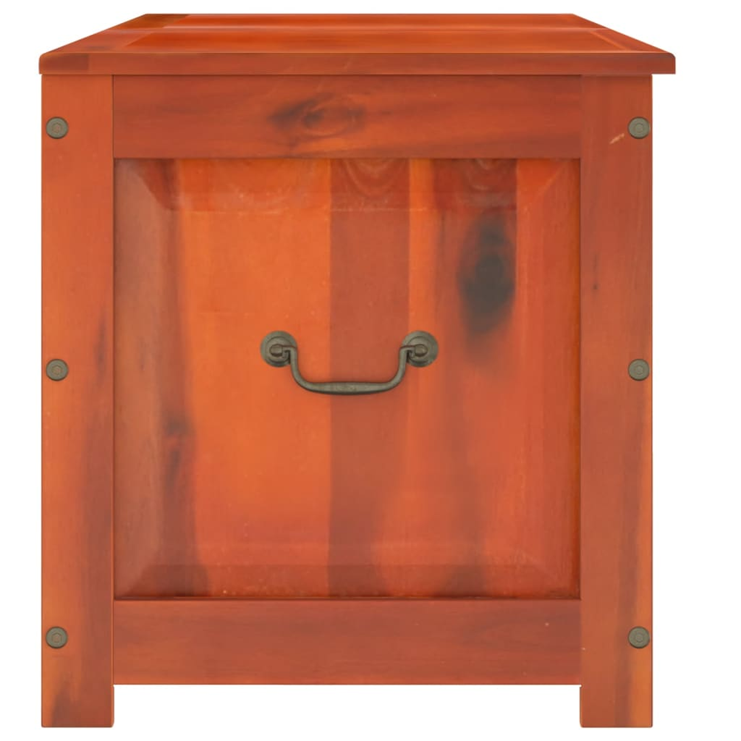 Ein Holzschrank mit Griff. Es hat eine dunkelrote Farbe.