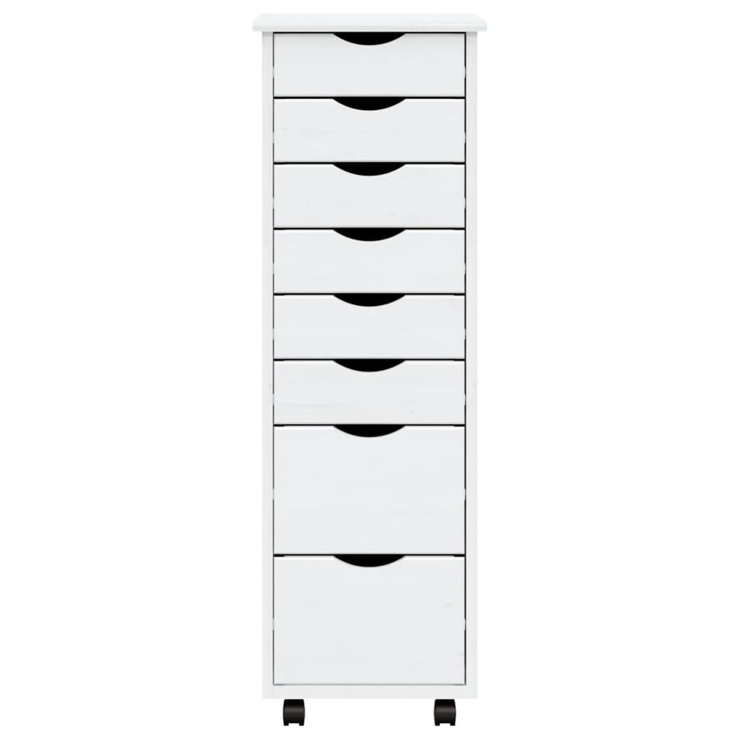 Ein hoher weißer Schrank mit Schubladen auf Rädern.