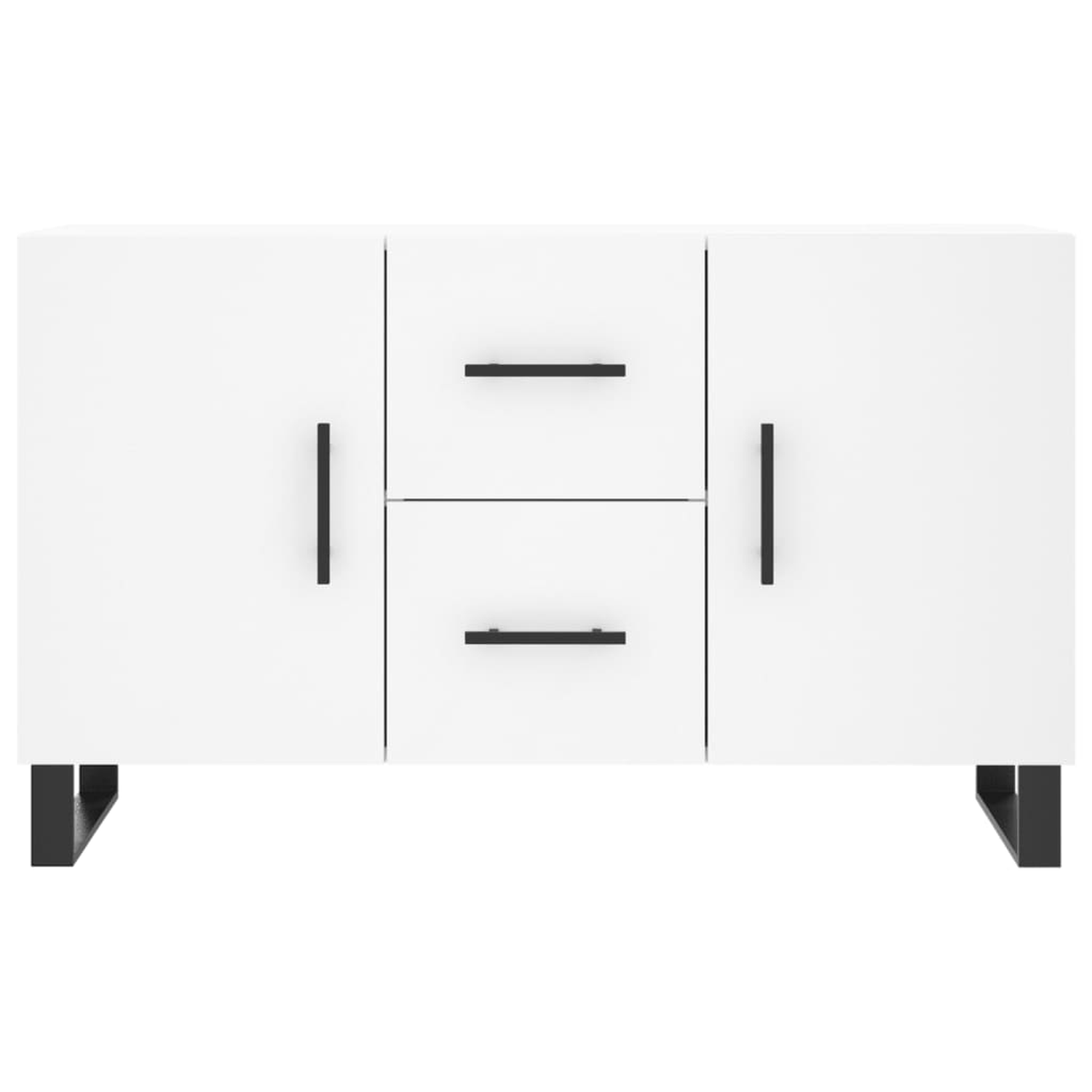 Weißes Sideboard mit drei Türen und zwei Schubladen, schwarzen Griffen und Beinen.