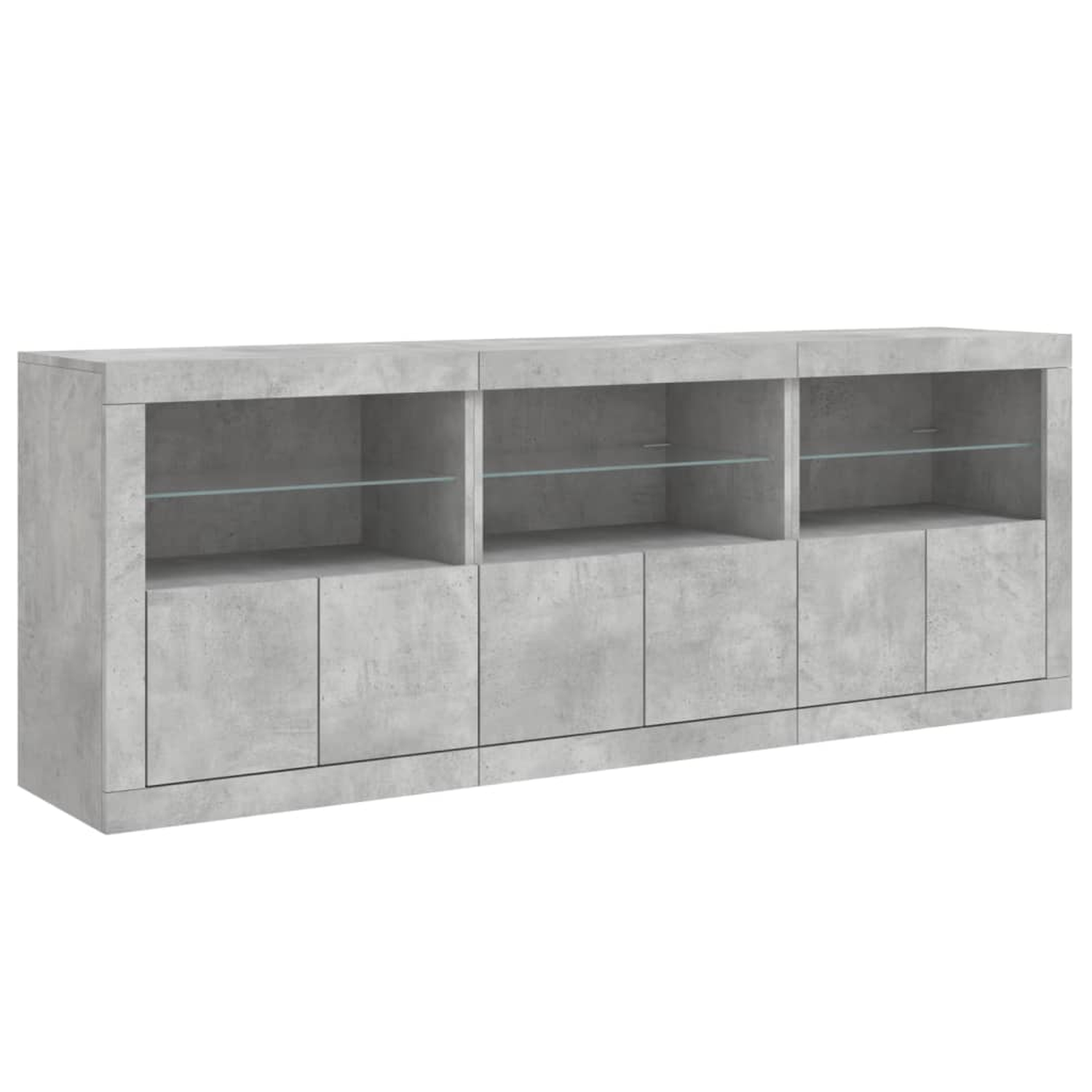 Ein grauer Schrank in Betonoptik mit Glasböden und geschlossenen Türen, isoliert auf Weiß.