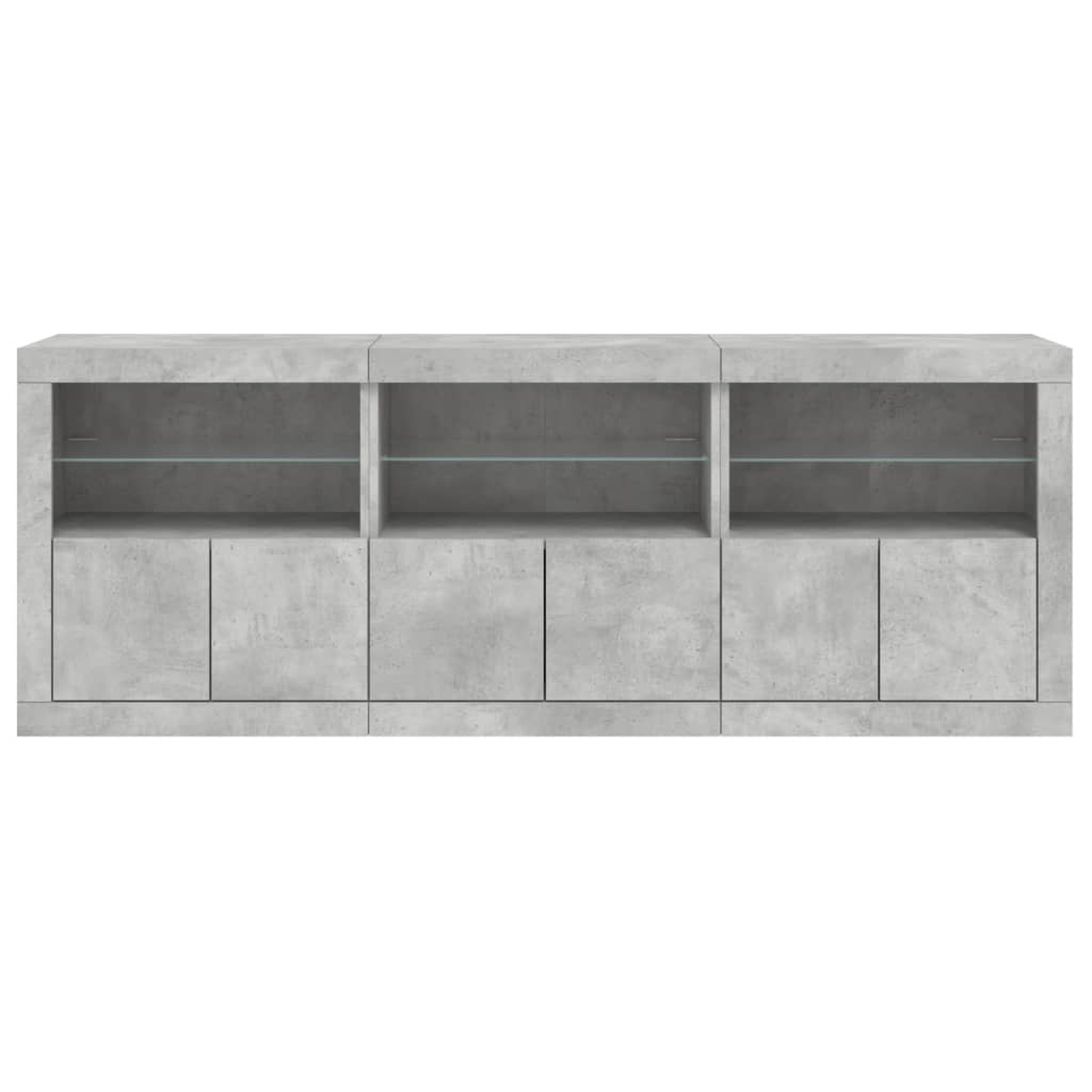 Ein langer, grauer Schrank im Betonstil mit drei Türen und Glasböden in der Mitte.