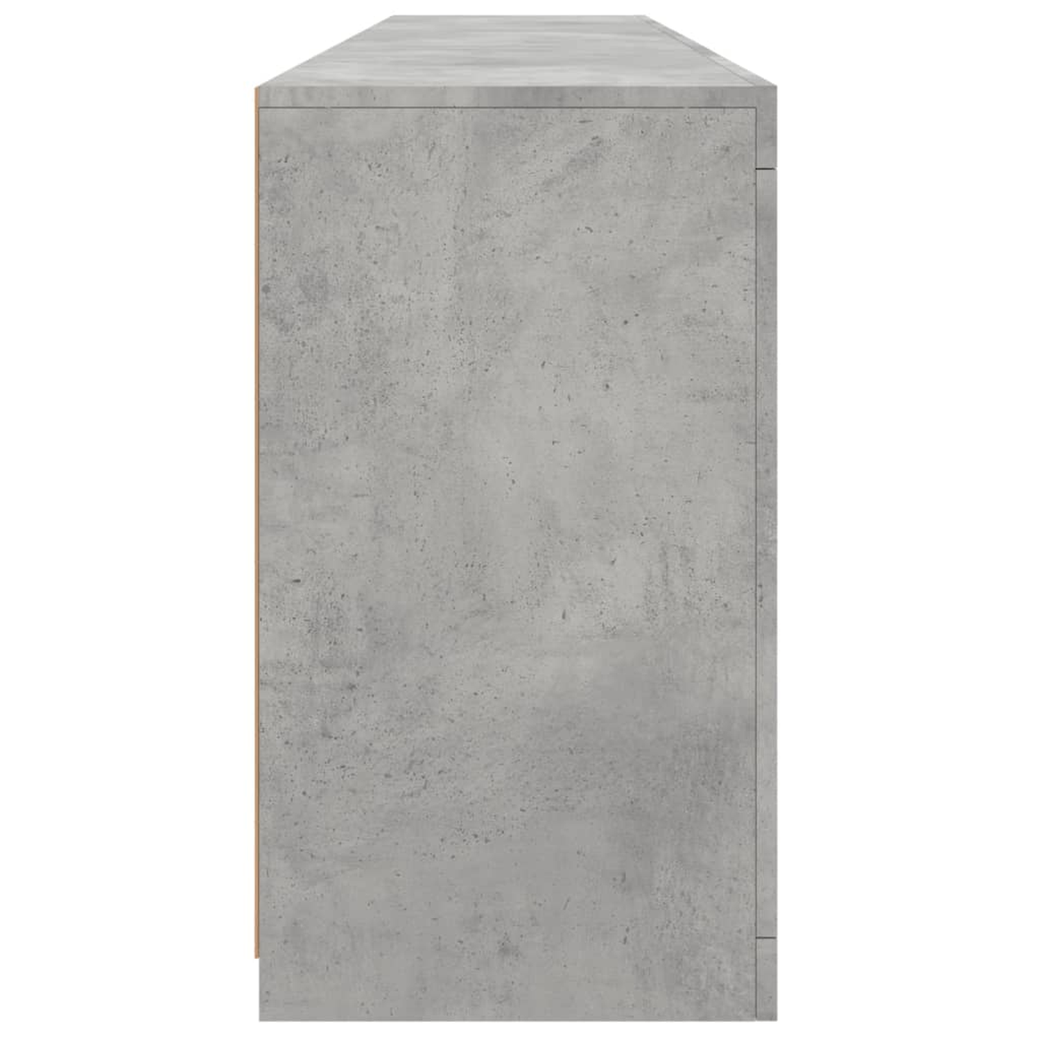 Grauer Beton-Schrank. Seitenansicht, zeigt die strukturierte Oberfläche und die Holzseiten.