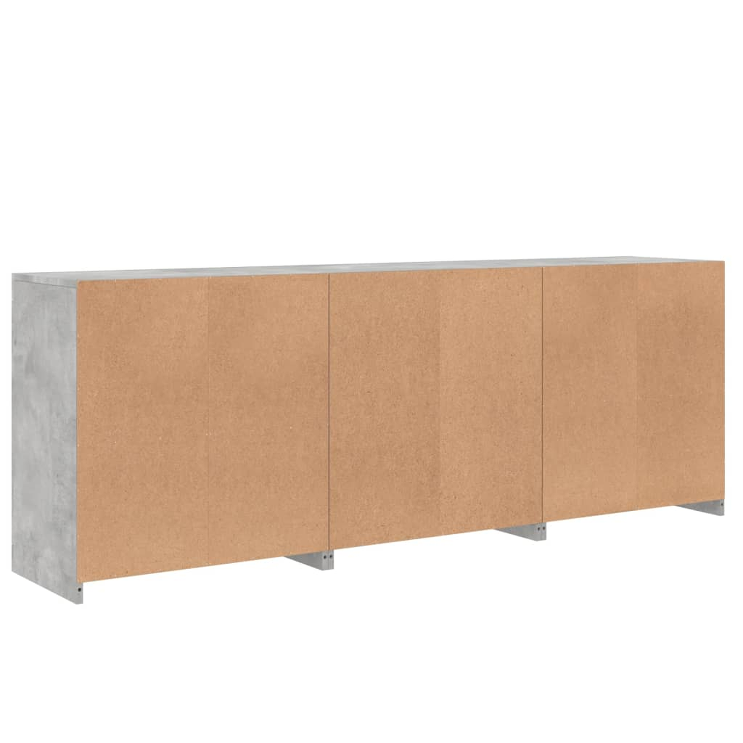 Ein langer Schrank mit grauen Betonseiten und Türen. Er steht auf kleinen Metallstützen.