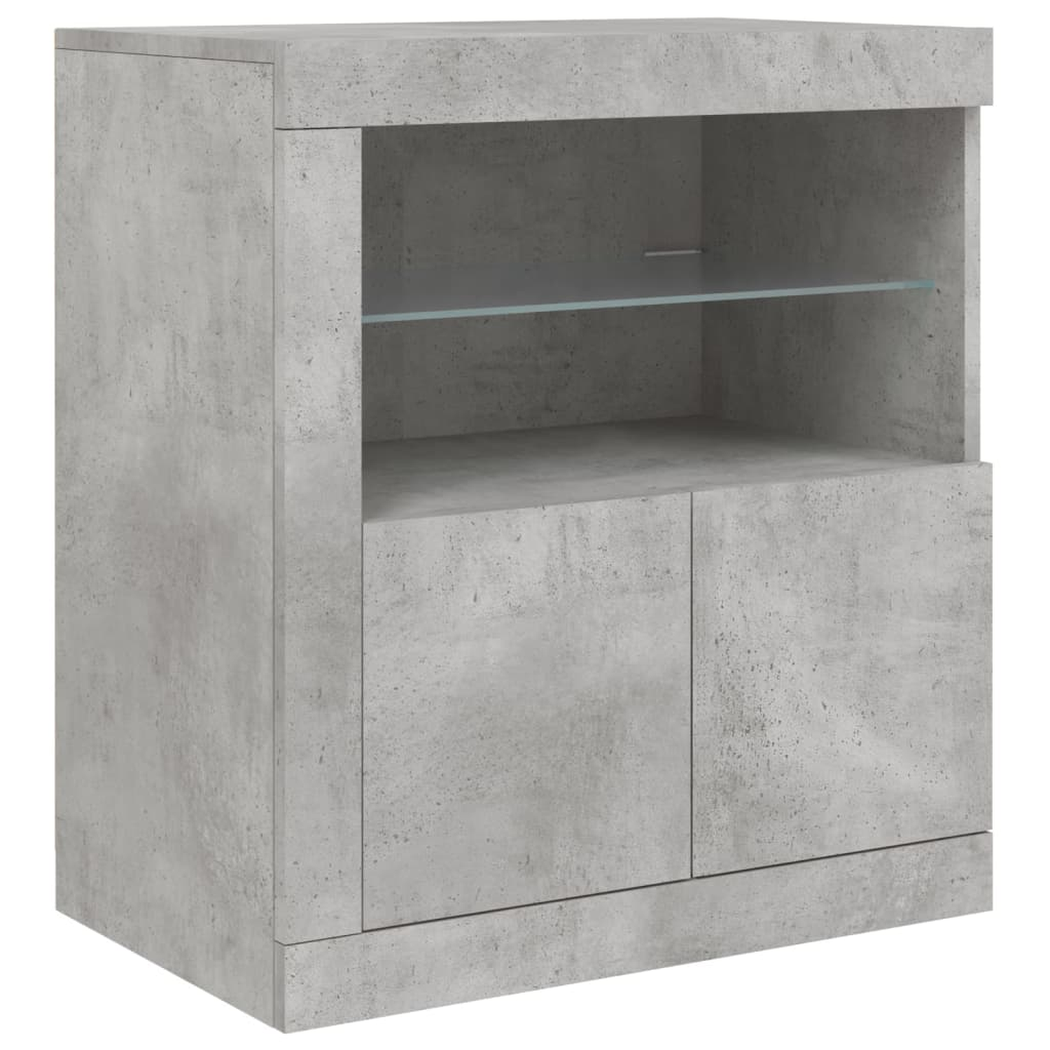Ein grauer Beton-Schrank mit zwei Türen und einem Glasregal im Inneren. Weißer Hintergrund.