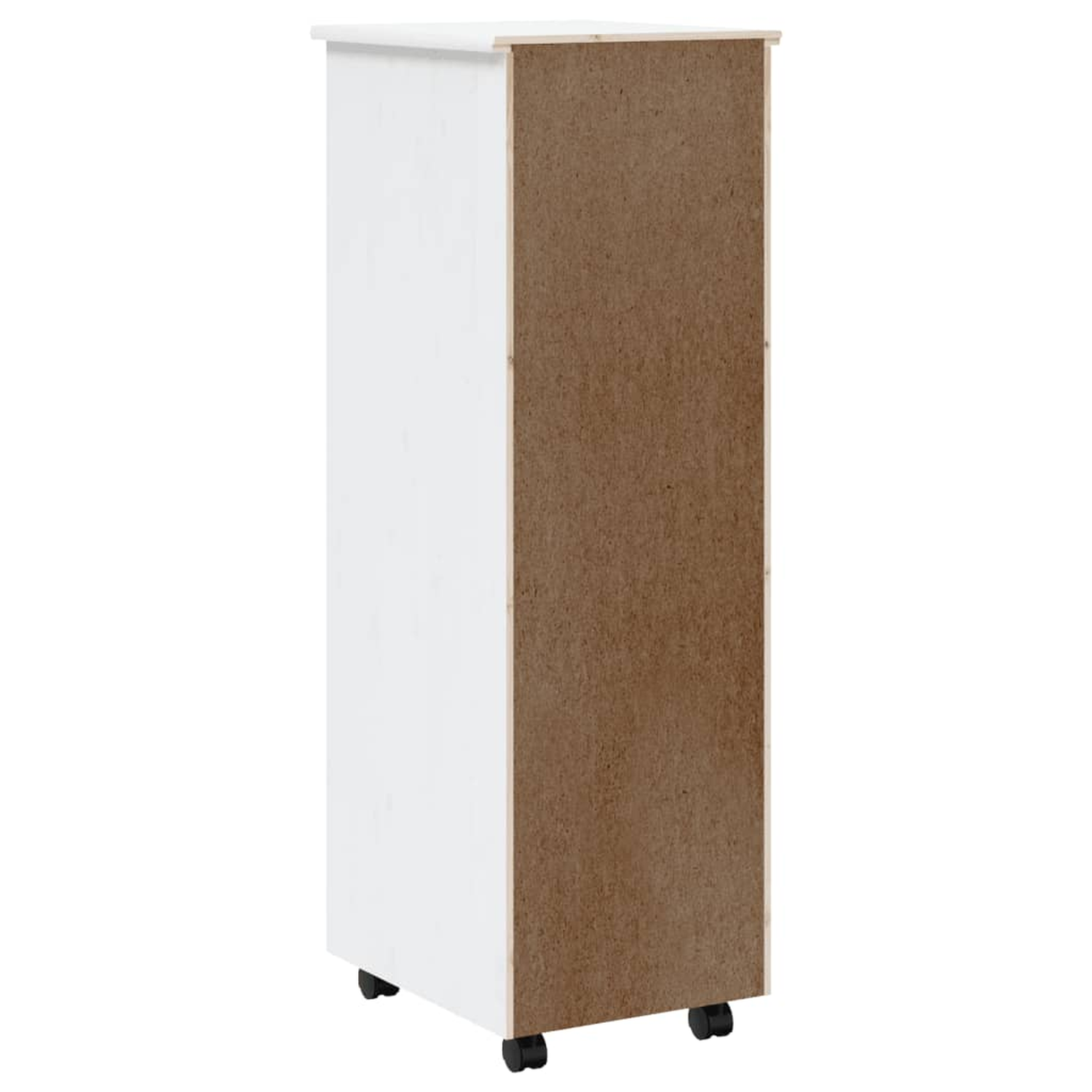 Ein weißer Schrank mit schwarzen Rädern, mit einer braunen Seitenwand.