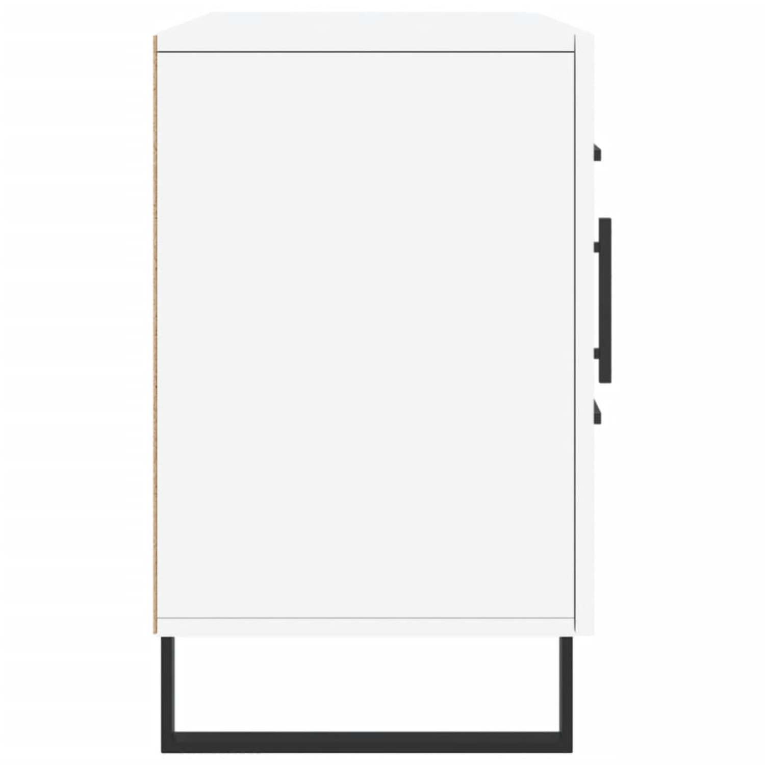 Weiße Schrank-Seitenansicht mit schwarzem Griff. Der Schrank steht auf schwarzem Rahmen; weißer Hintergrund.