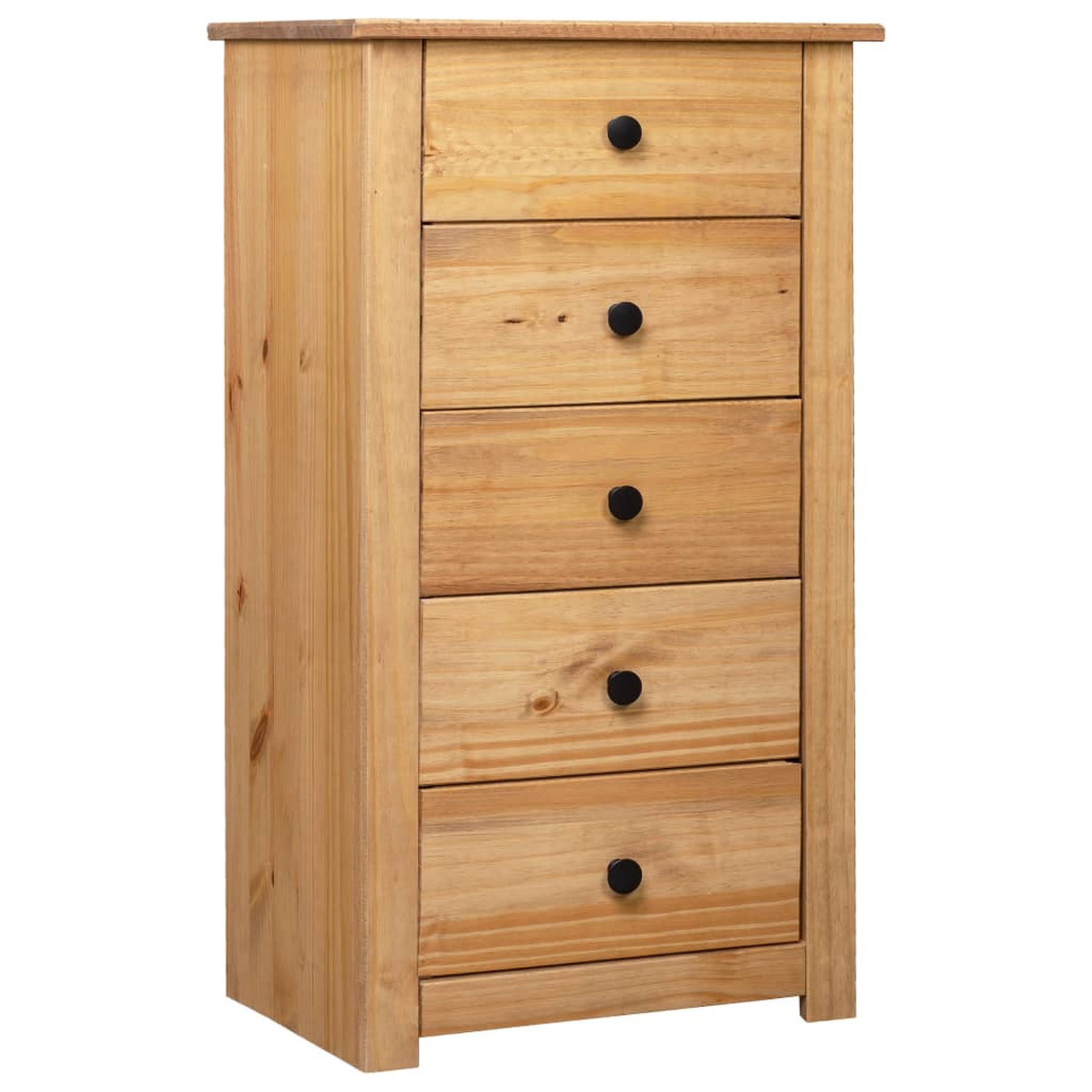 Holzkommode mit 5 Schubladen. Die Schubladen haben schwarze Knöpfe. Helles Holzfinish.