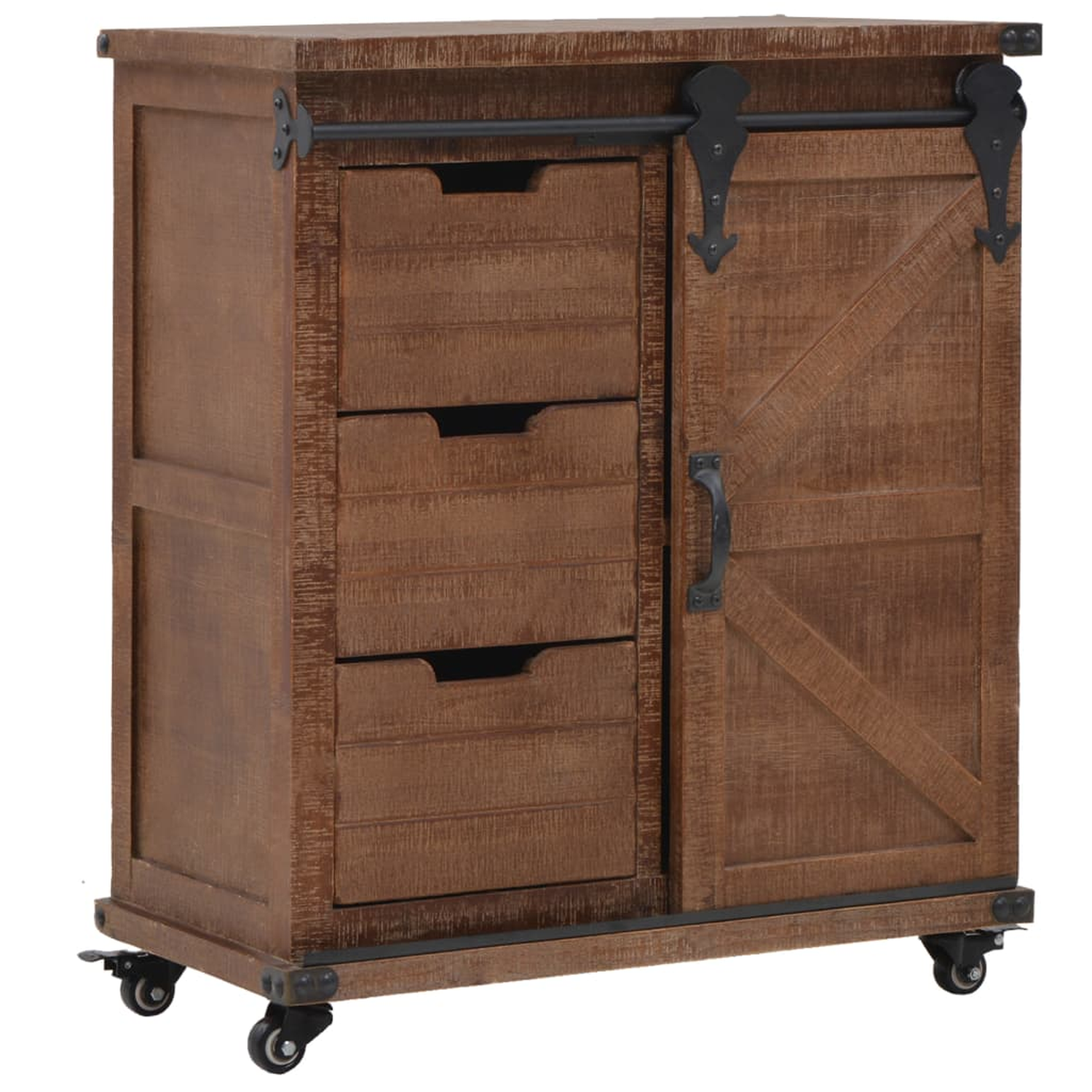 Ein Holzschrank mit Schubladen, Schiebetür und Rollen. Schwarze Hardware.