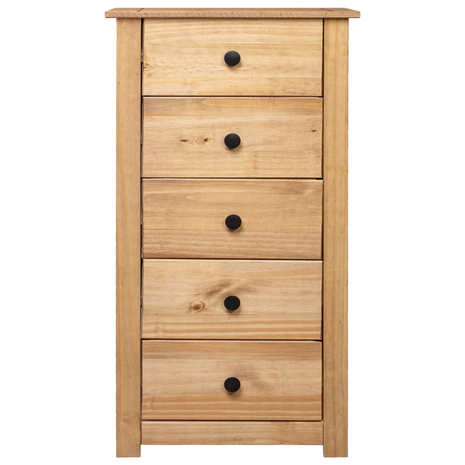 Ein Holzschrank mit fünf Schubladen, jede mit einem schwarzen Knopf. Das Holz hat eine natürliche Oberfläche.