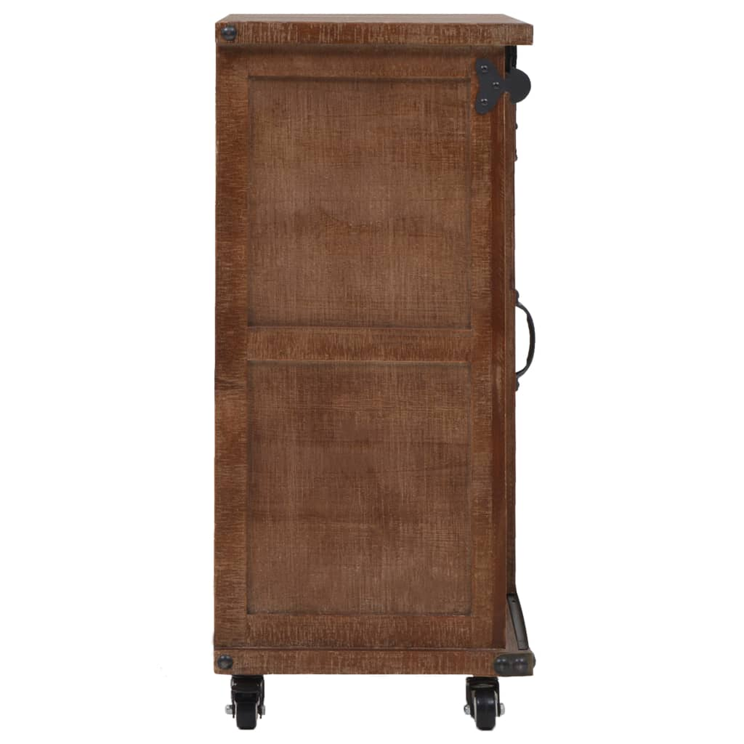 Holzschrank auf Rädern, Seitenansicht. Er ist braun, hat eine Tür und einen schwarzen Griff.