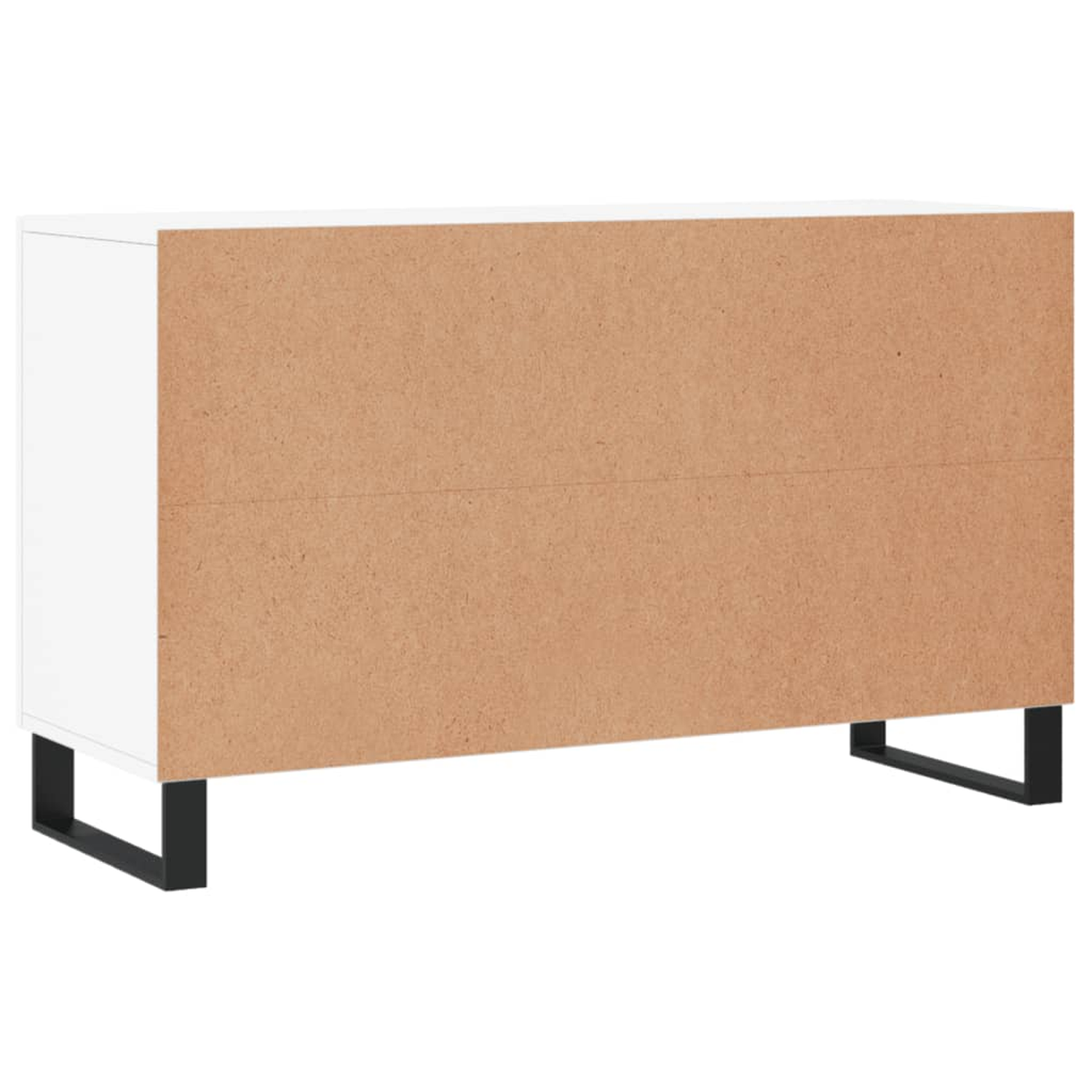 Weißer Schrank mit braunem Holzrücken und schwarzen Beinen.