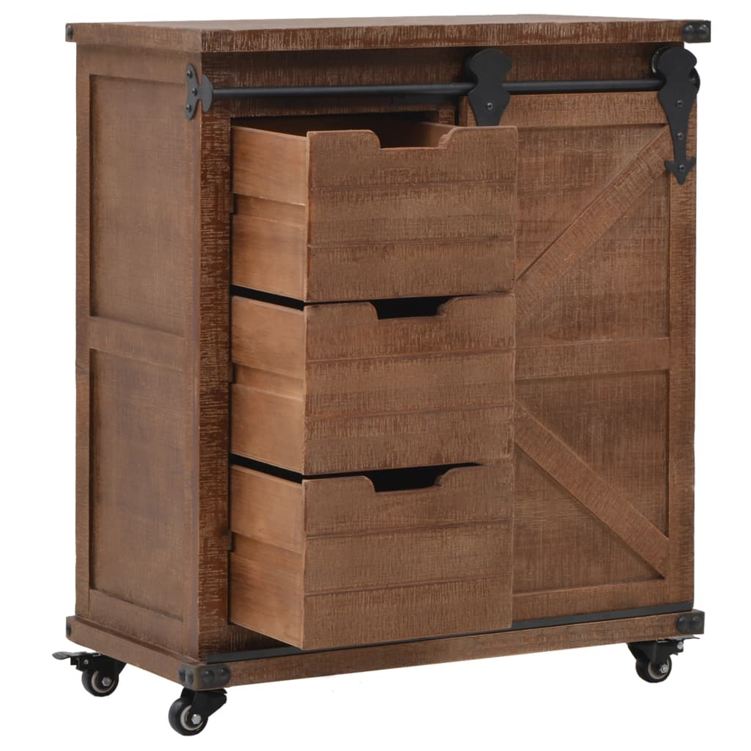 Holzschrank mit drei Schubladen und einer Schiebetür auf Rädern.