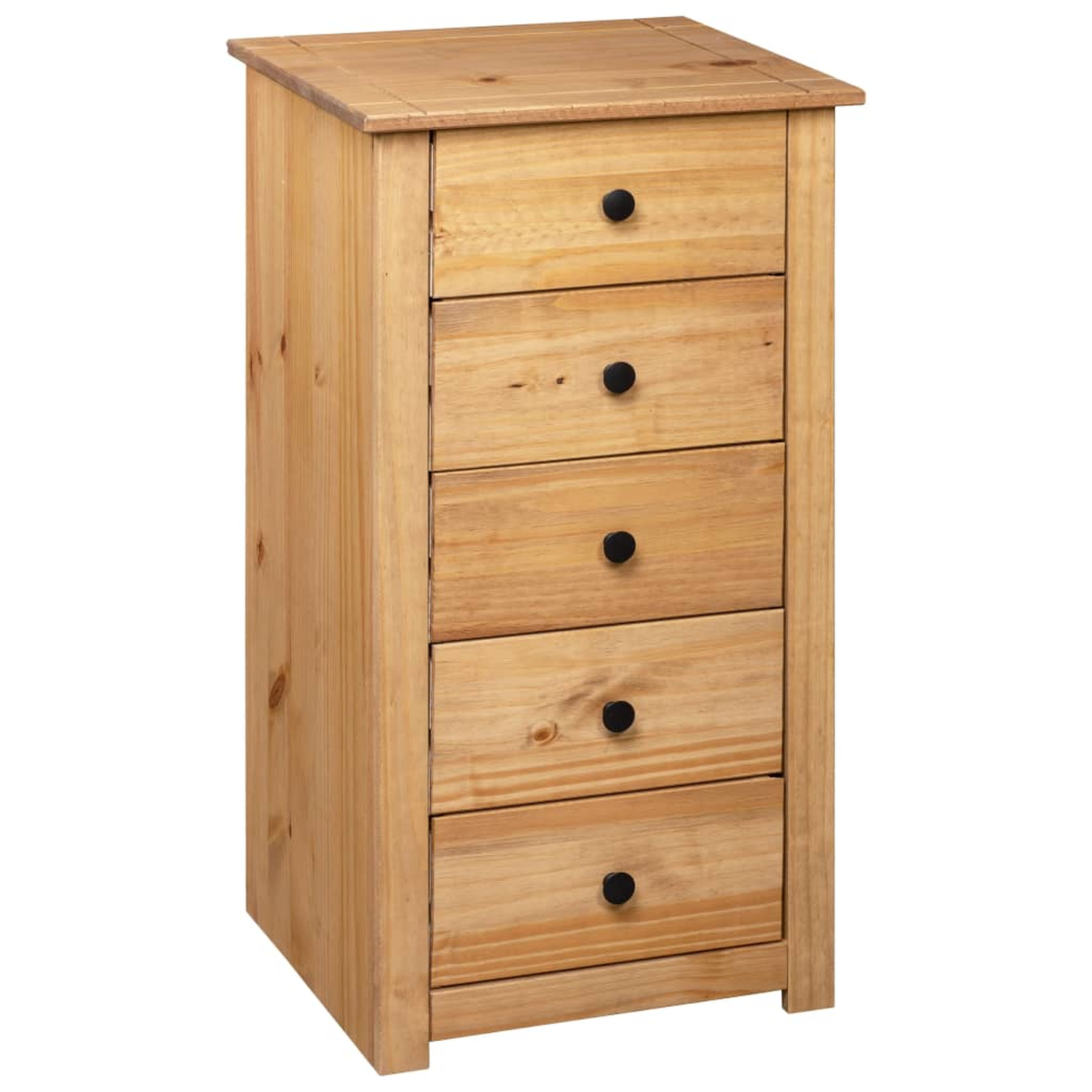 Holzschrank mit fünf Schubladen und schwarzen Knöpfen. Der Schrank ist hoch und schmal.