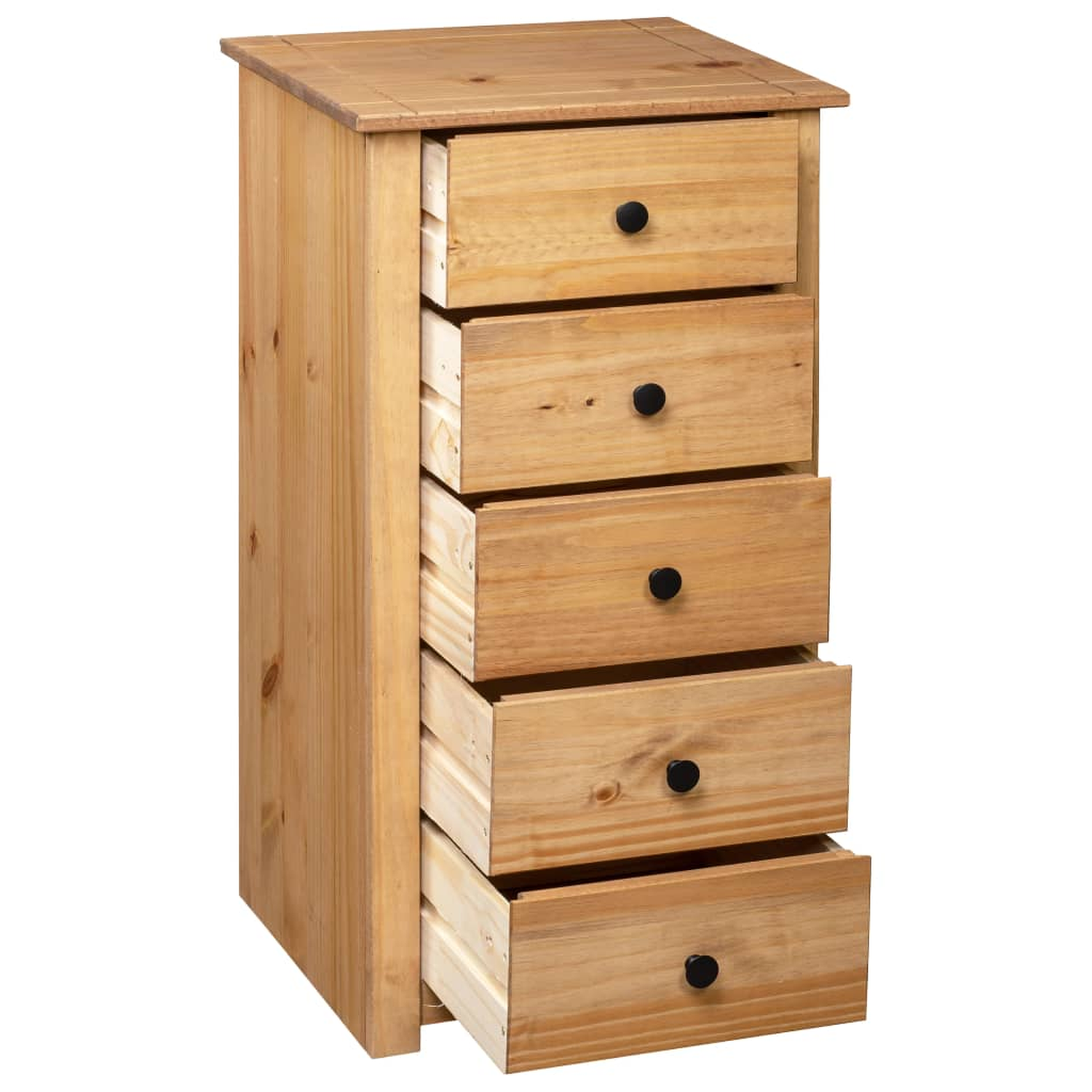 Hohe Kommode aus Holz mit fünf Schubladen, schwarzen Knöpfen.