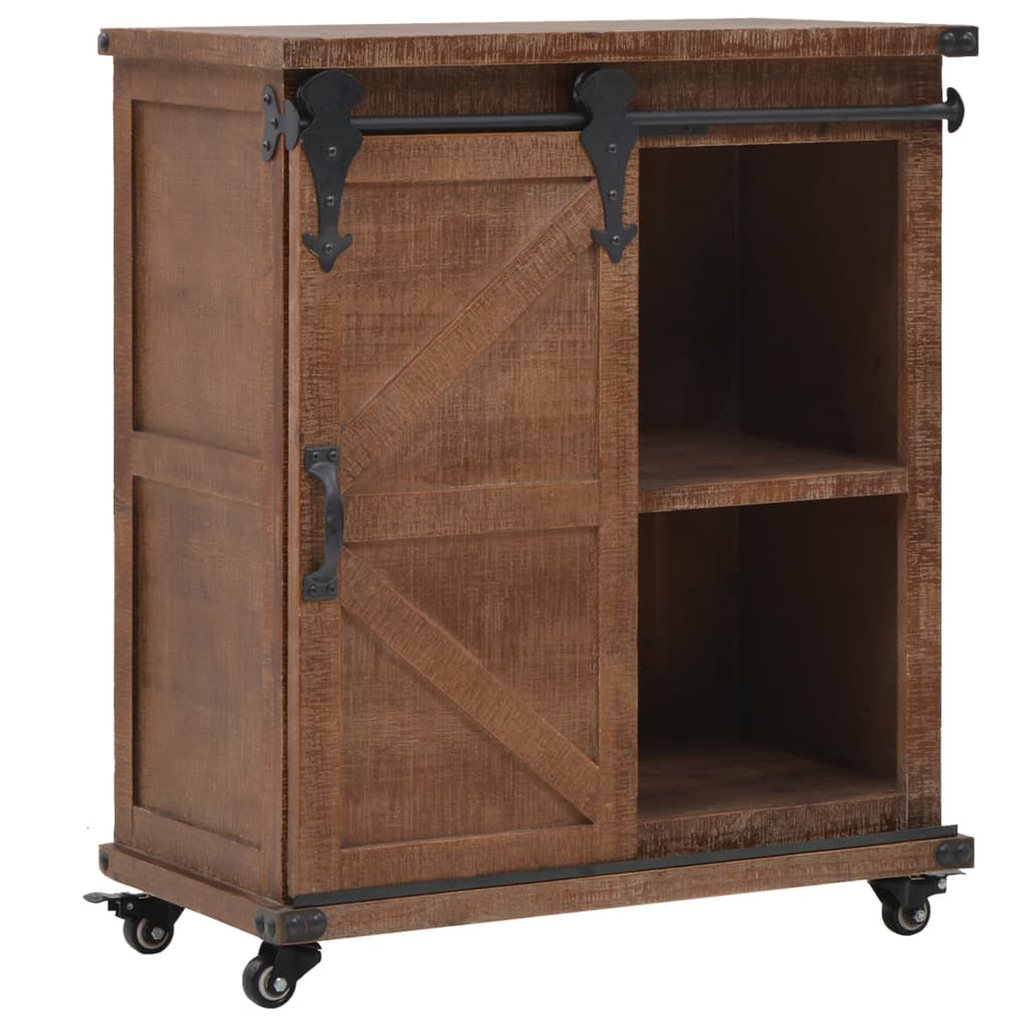 Ein brauner Holzschrank mit Schiebetür und schwarzer Metallbeschlägen auf kleinen Rollen.