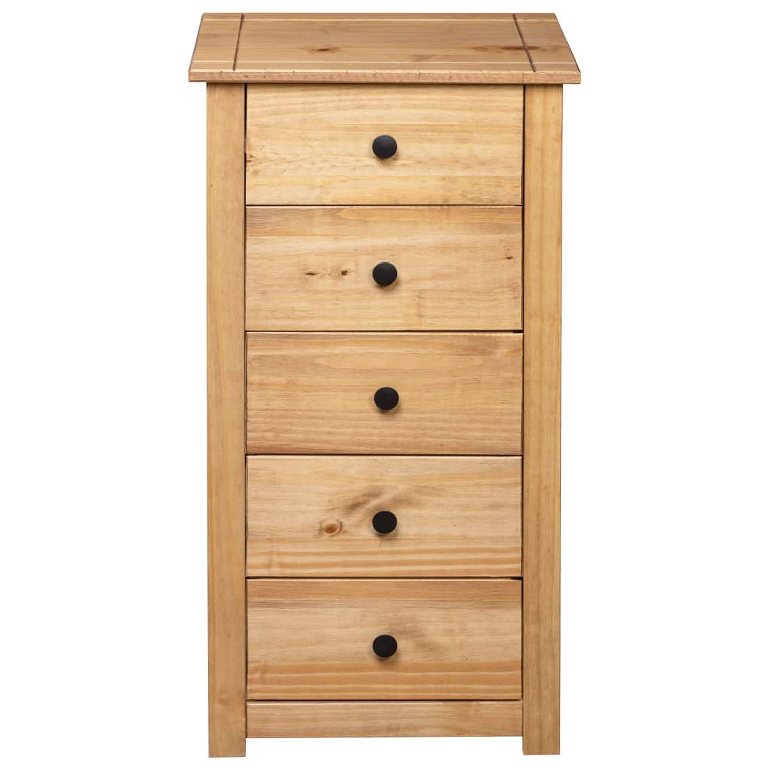 Ein Holzschrank mit fünf Schubladen und schwarzen Knöpfen. Das Holz hat eine natürliche Oberfläche.
