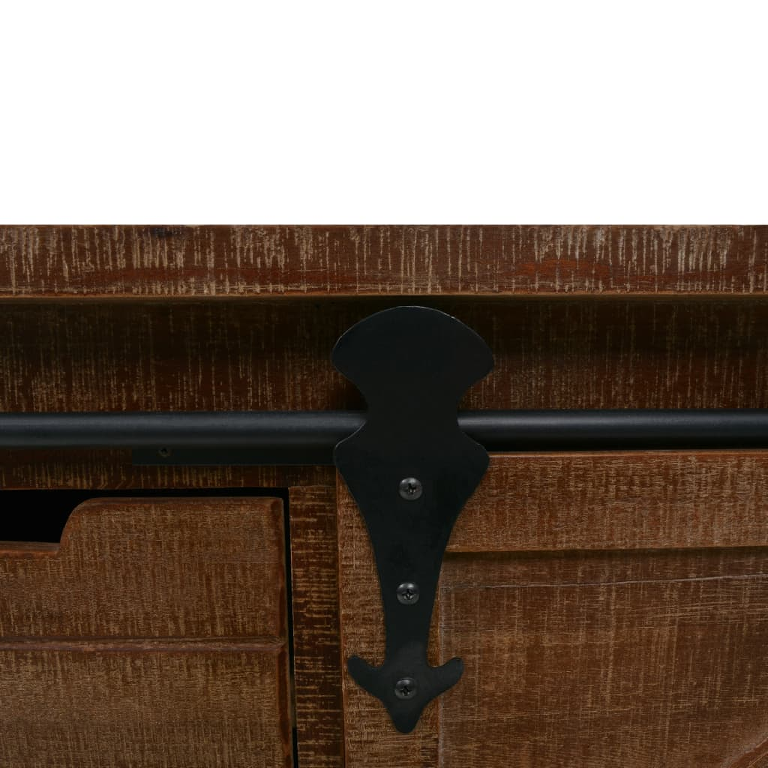 Dunkelbrauner Holzschrank mit schwarzer Hardware auf weißem Hintergrund.