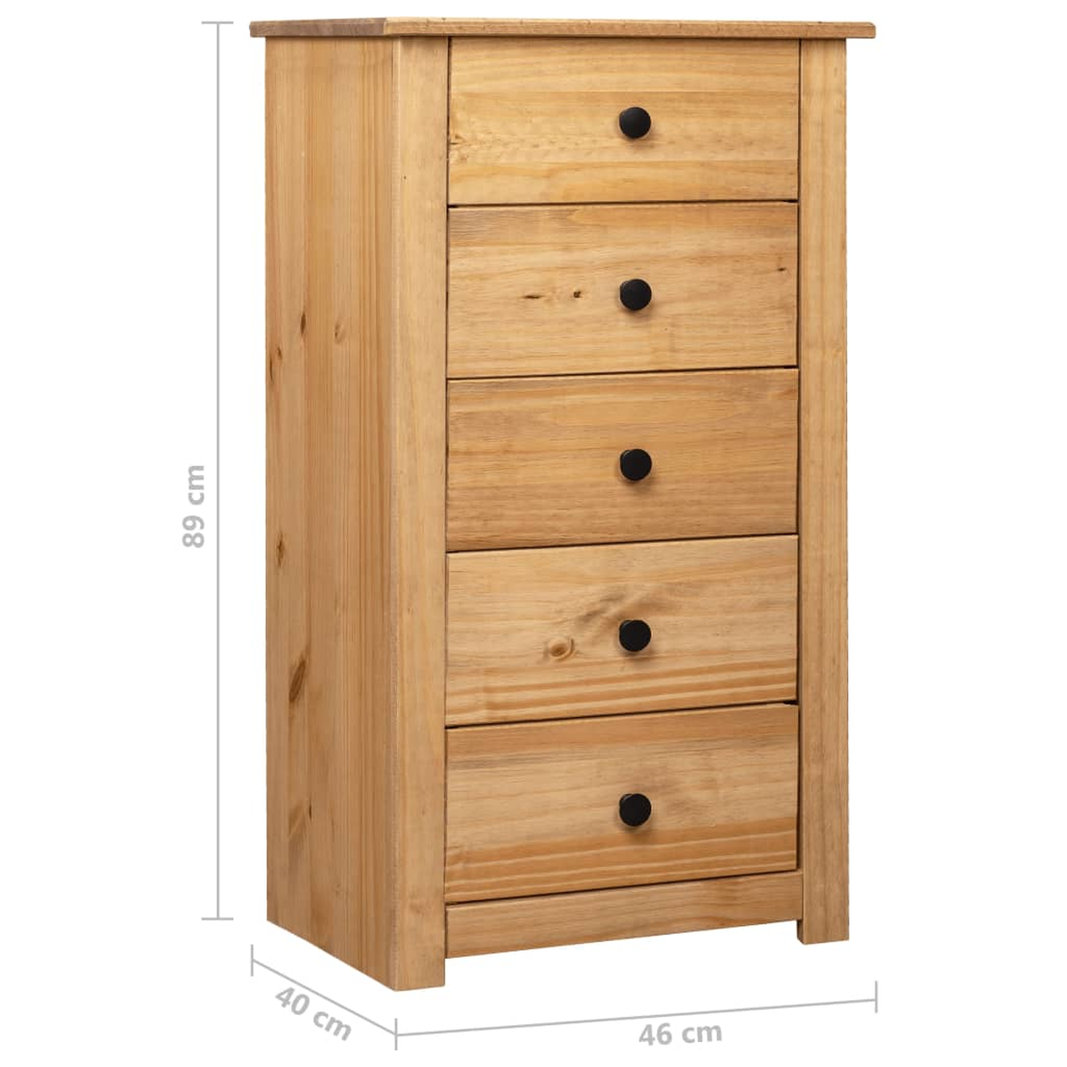 Kommode aus Holz mit fünf Schubladen. Jede Schublade hat einen schwarzen Knopf. Messanzeigen.