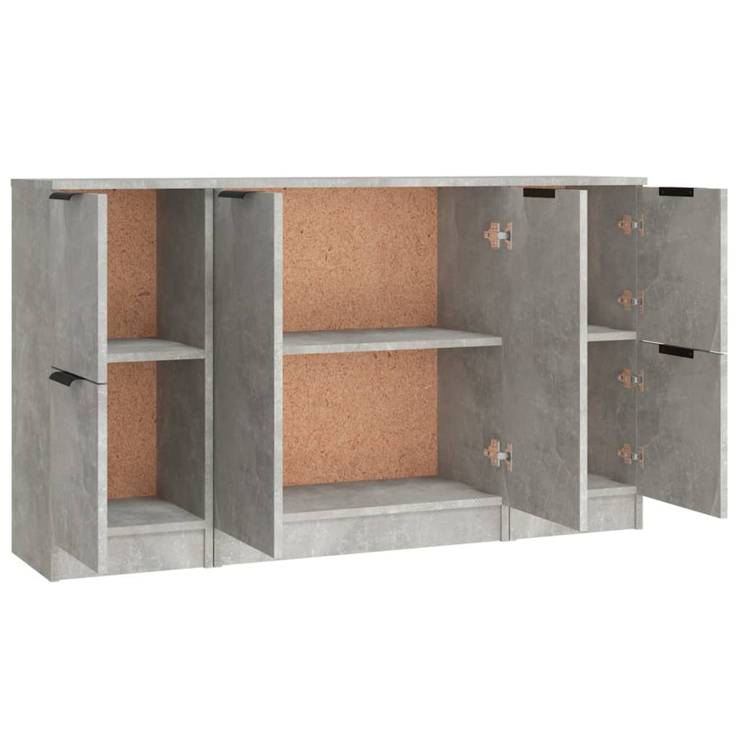 Ein grauer Schrank mit offenen Türen. Der Innenraum hat Regale und eine Holzrückwand. Weißer Hintergrund.