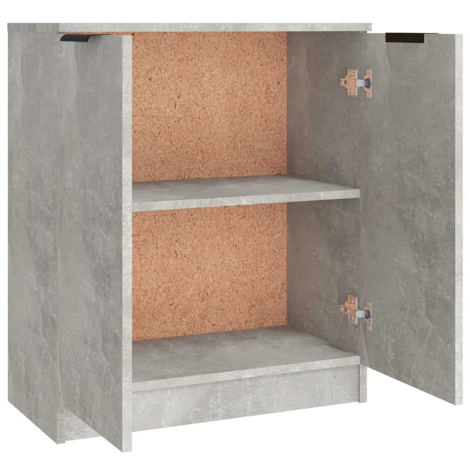 Grauer Schrank mit Regalen. Betonartige Textur, offene Türen.